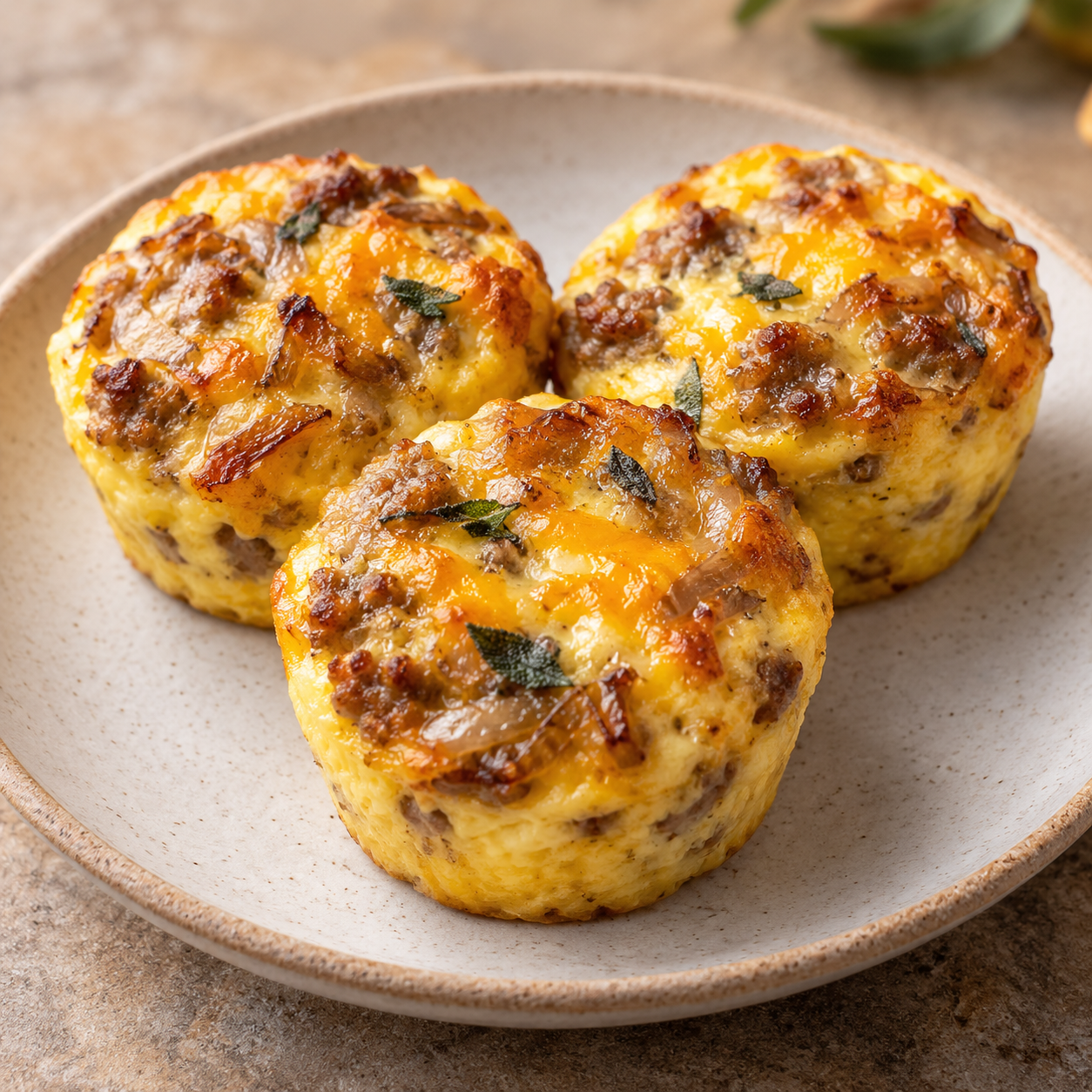 Snack: Three Large Sausage, Onion, Sage, and Cheddar Egg Bites