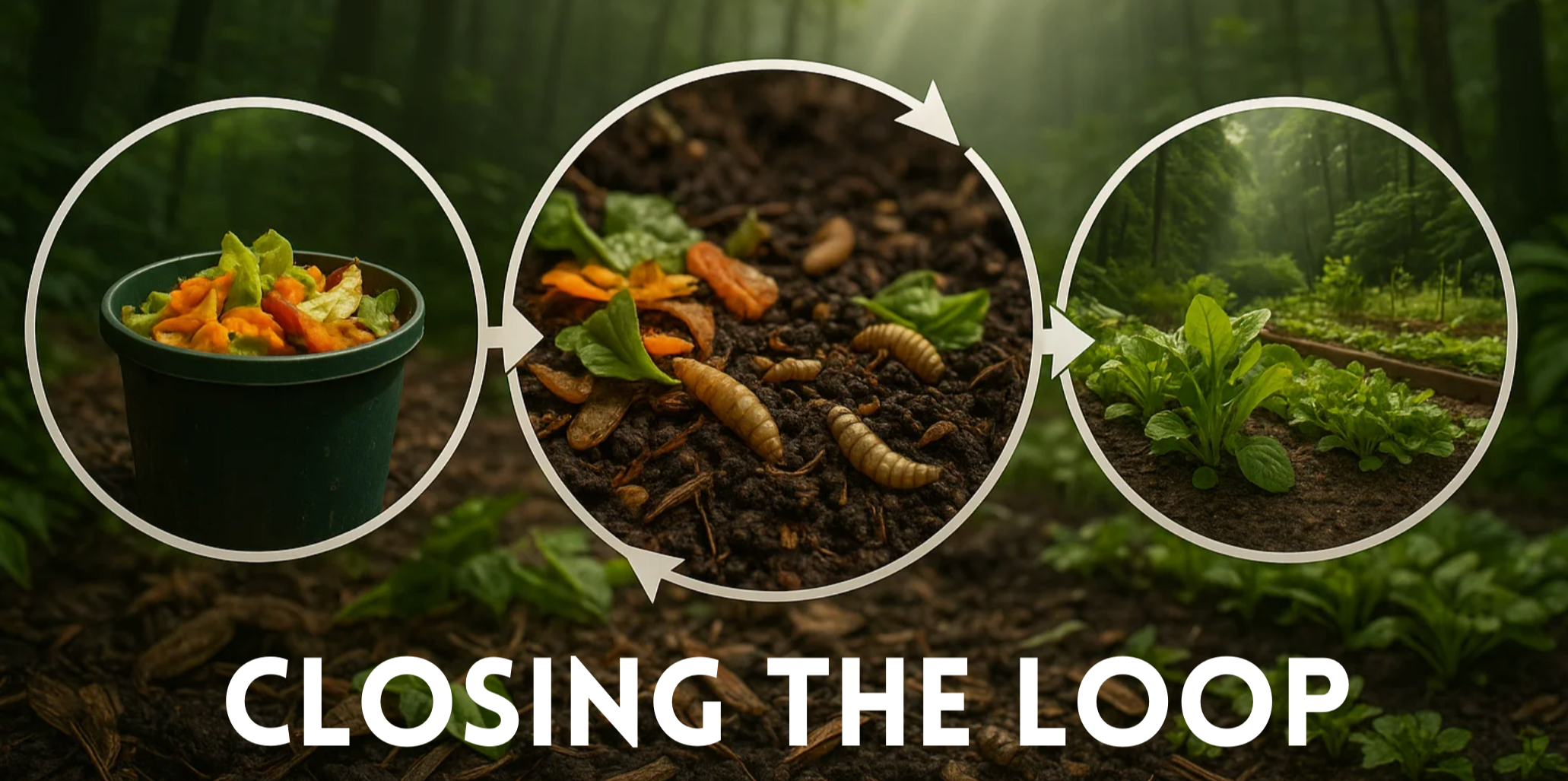A composting cycle showing a bucket of food scraps, compost in the middle with worms, and growing plants on the right with the text 'Closing the Loop' at the bottom, done by Ento Industries