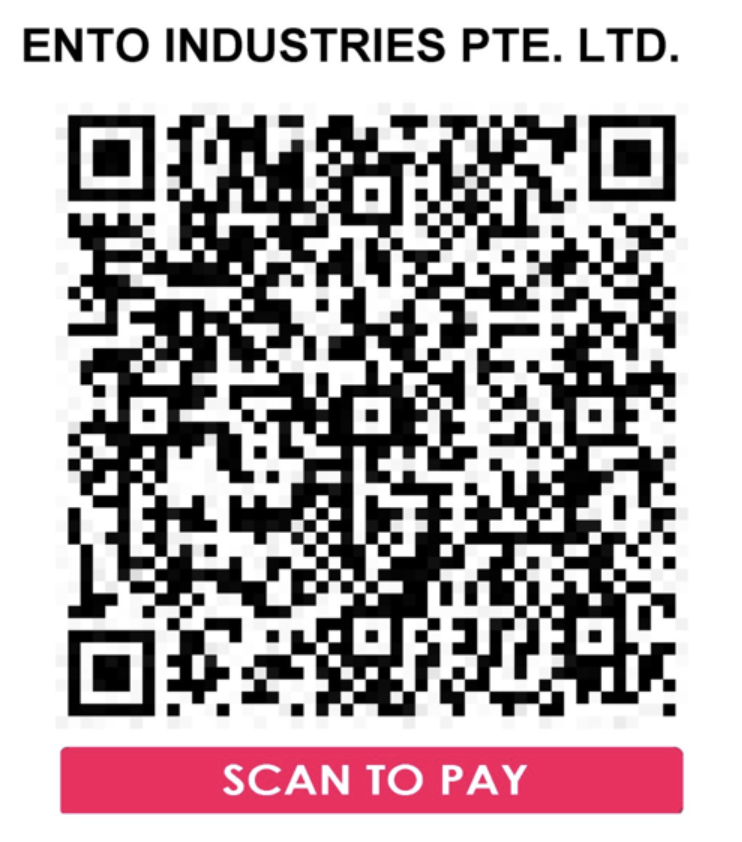 QR code for payment with text "Scan to Pay" at the bottom, and the company name "ENTO Industries PTE. LTD." at the top.