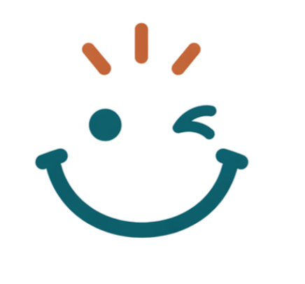 Smiley face with raised hands and expressive eyebrows, smiling and looking cheerful.