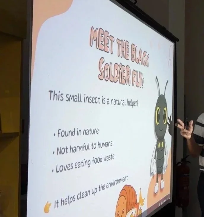 Educational presentation about the black soldier fly, showing a cartoon illustration of the insect and facts about its natural role, non-harmfulness to humans, food waste eating habits, and environmental benefits.