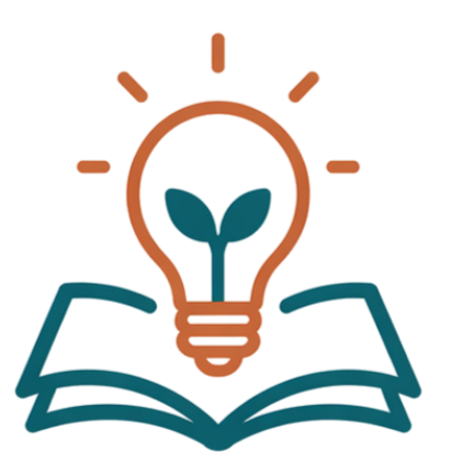 A light bulb with a plant inside, emerging from an open book, representing ideas and knowledge.