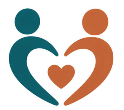 Graphic of two stylized human figures, one blue and one orange, holding a heart together to form a larger heart, symbolizing love and partnership.