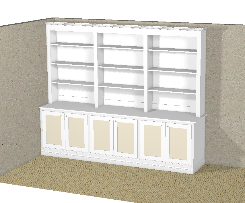 White built-in bookshelf with shelves and cabinet doors, set against a beige wall with a carpeted floor.