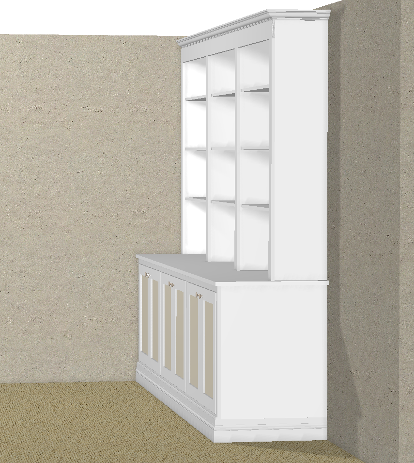 White hutch with open shelves on top and closed storage on the bottom, positioned in a room with beige wall and carpeted floor.