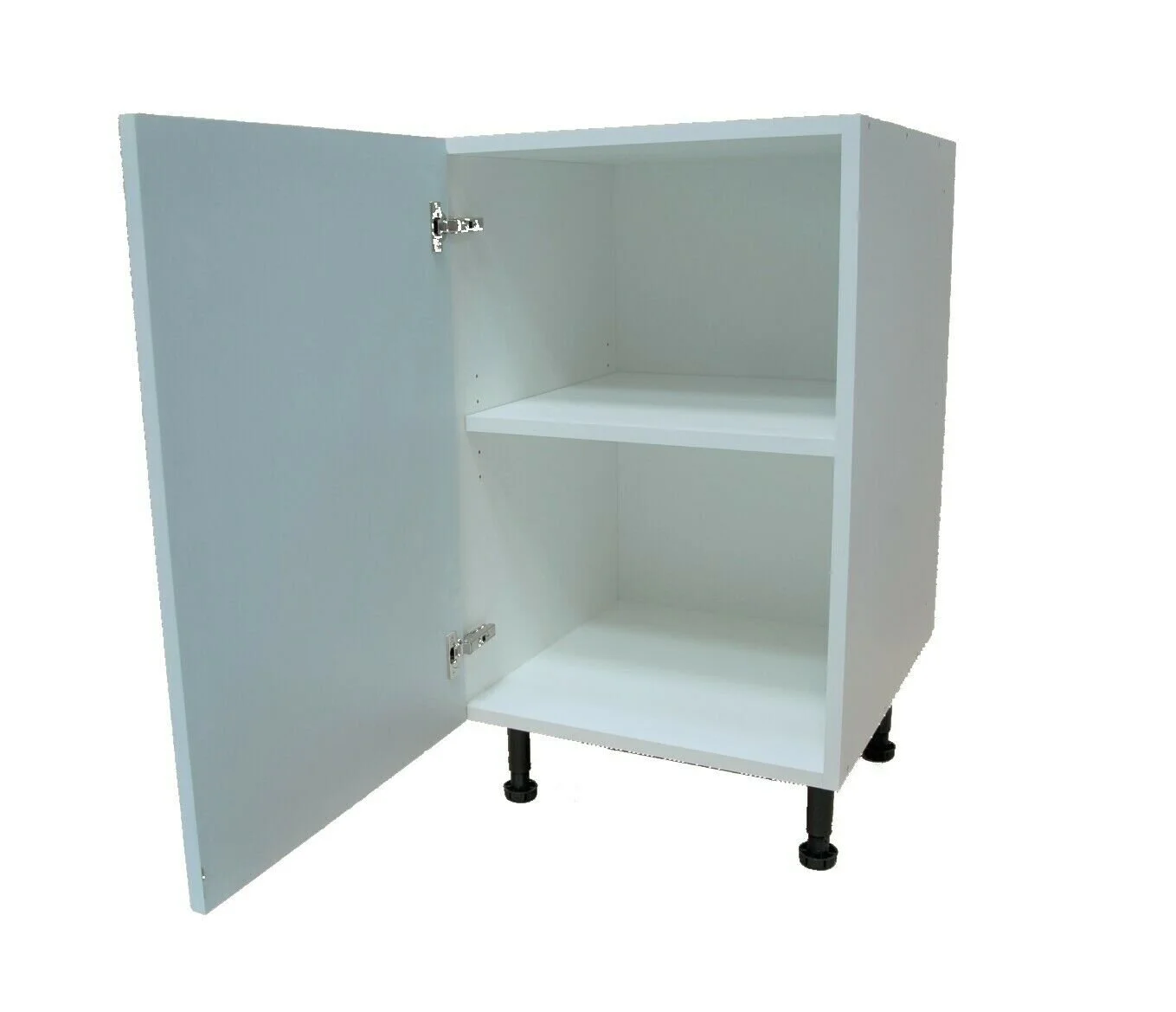 Open white kitchen cabinet with two shelves on black adjustable legs