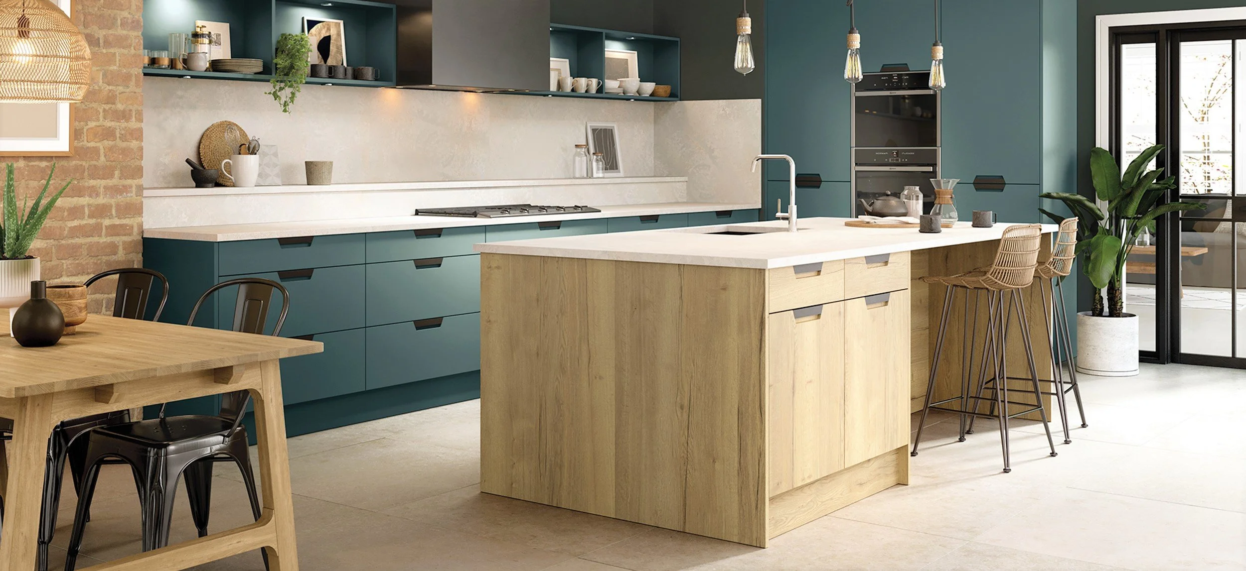 Modern kitchen with blue cabinets, white countertops, a wooden kitchen island with barstools, open shelving, a brick wall, potted plants, and a large window.