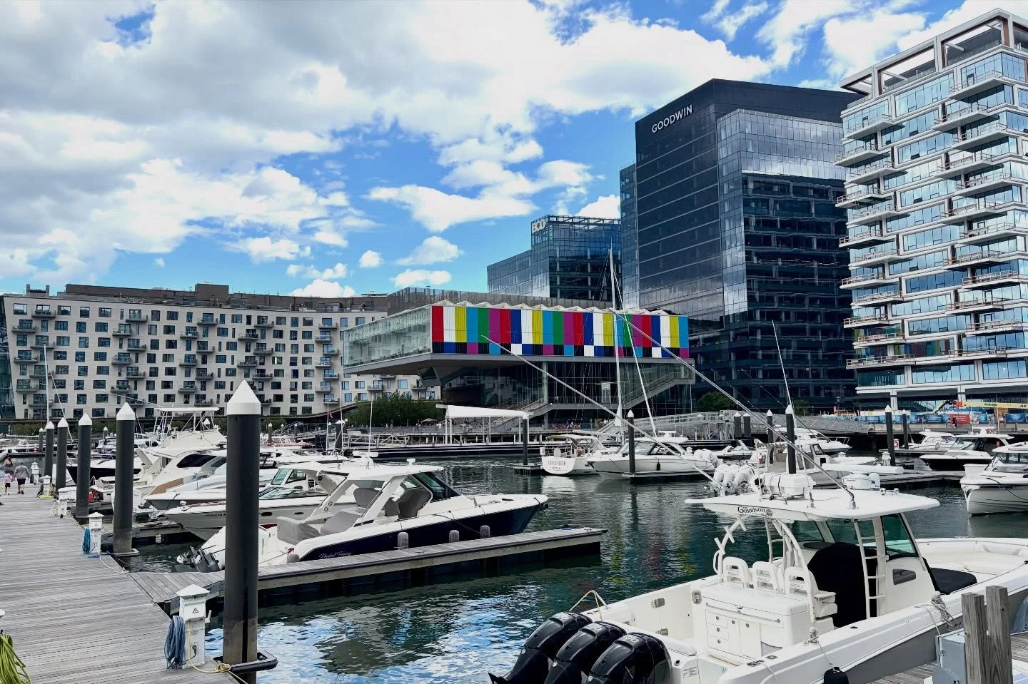 Checking out the new STMPE Colour Bars on the ICA exterior by Derrick Adams.  Pretty interesting.  Takes me back.  I really like having the exterior of the ICA feature prominent art, IMO it really enhances the experience and the area.  @icaboston @de