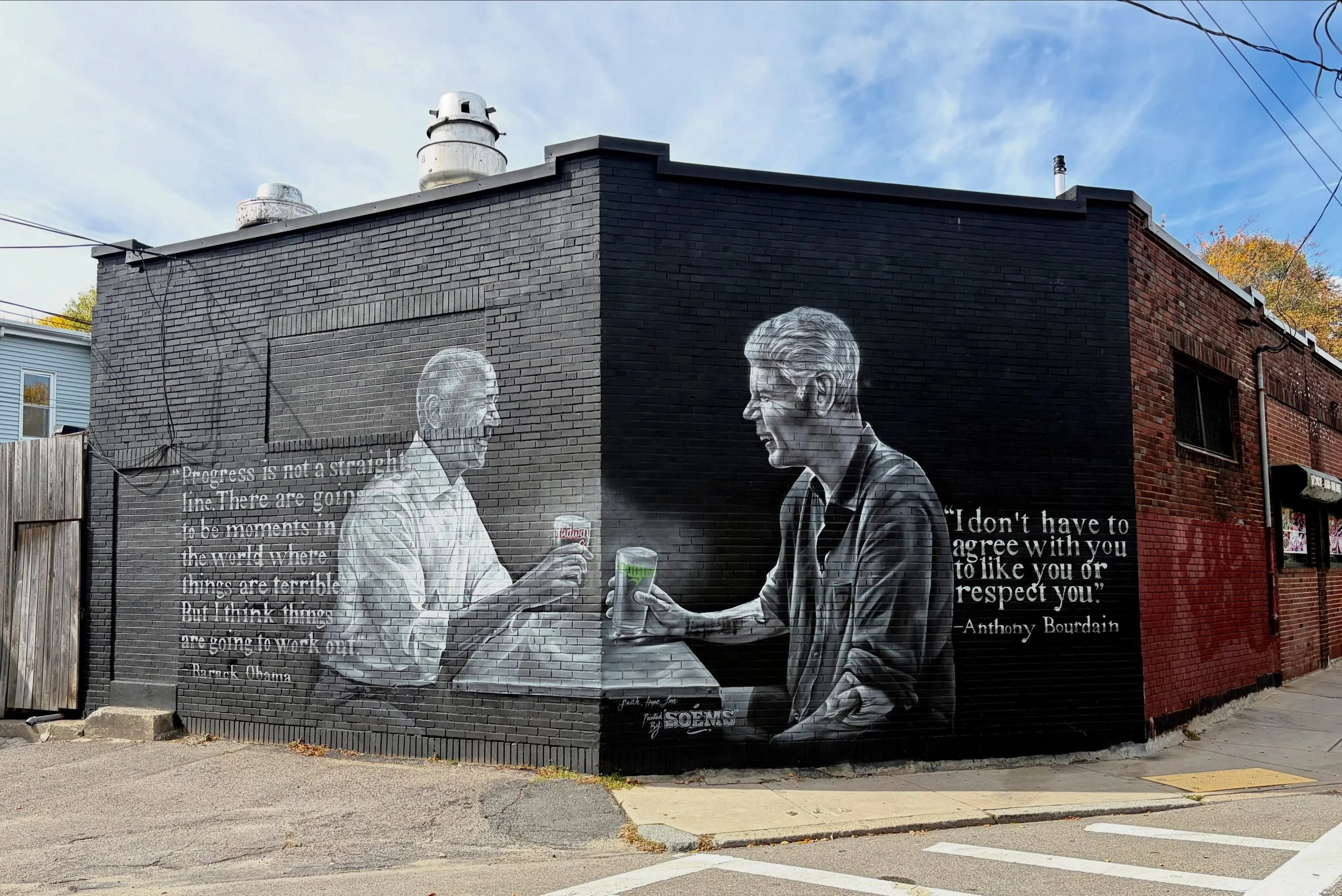 I had heard about this mural going up but handn&rsquo;t seen it yet so I was really excited to come across this beautiful black and white mural featuring Anthony Bourdain and @barackobama as I wandered through JP. 

What comes across immediately is t
