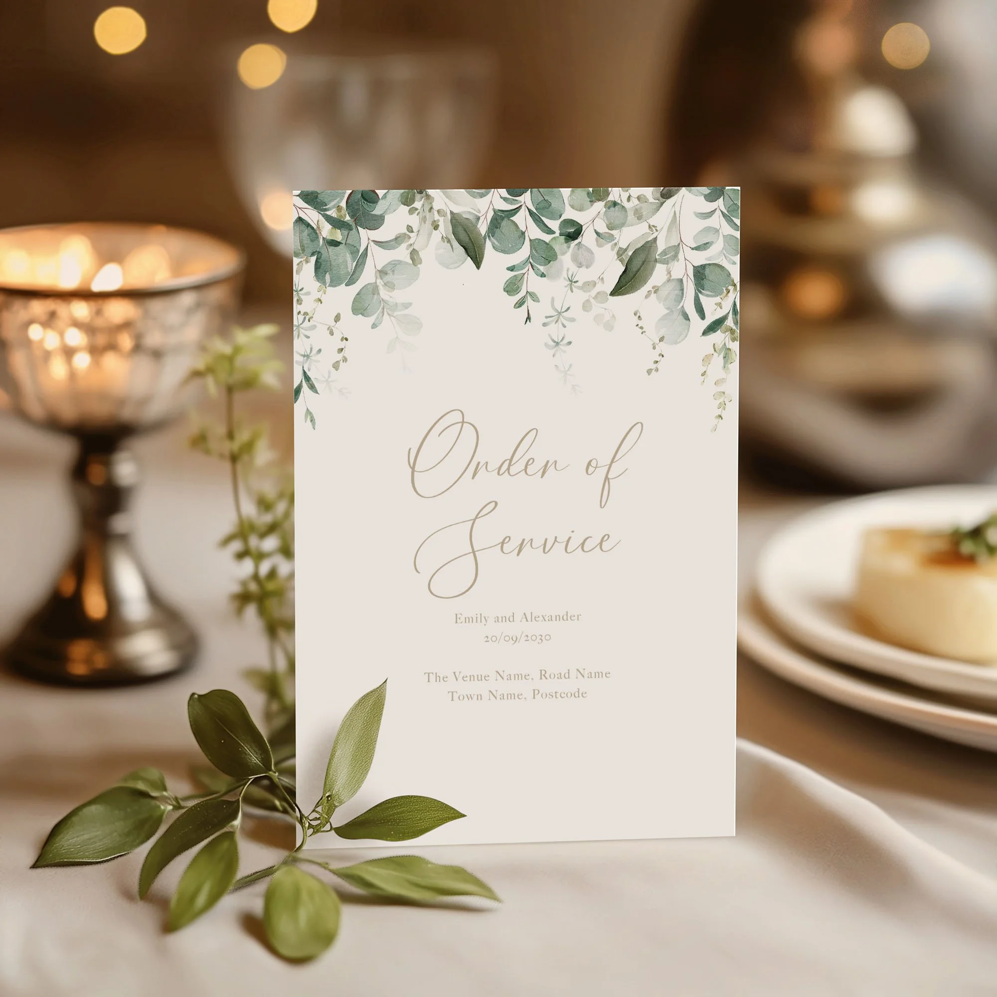 Emerald Greenery wedding order of service on a wedding day displayed