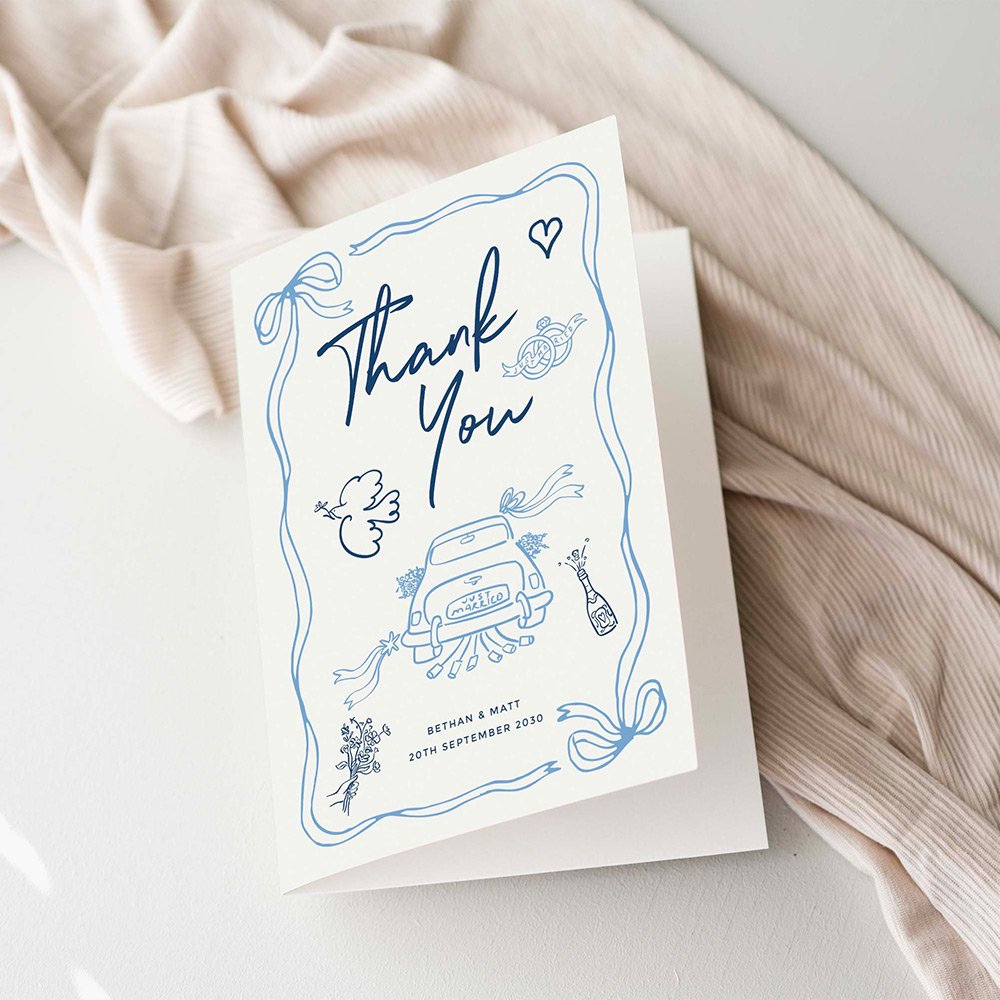 Blue Hand Drawn Wedding Thank You Cards