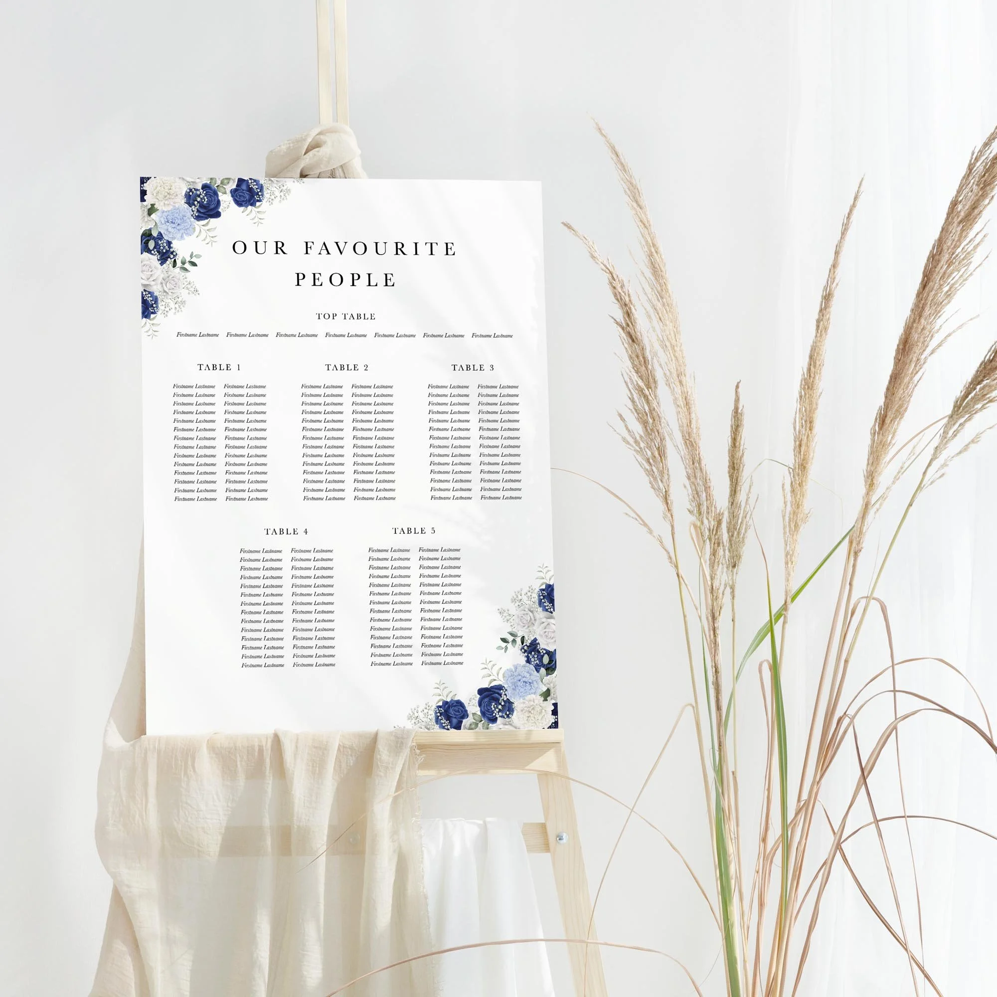 Royal Blue and White Rose wedding table plan board seating chart sign
