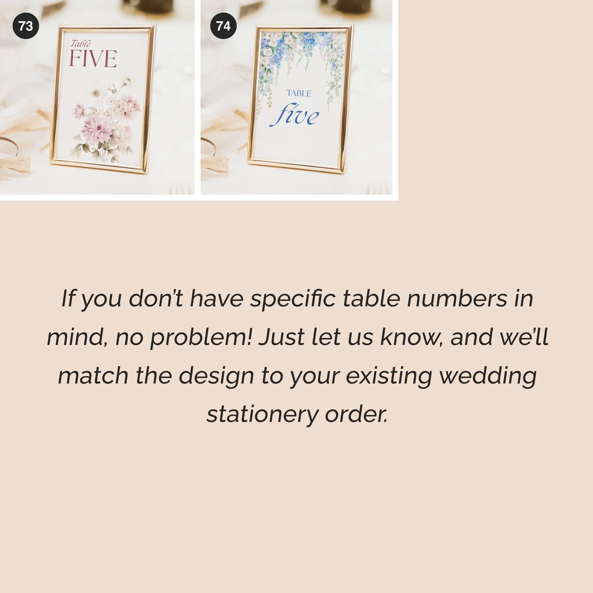 Wedding table number and table name card designs in a range of styles to suit different themes, including floral, modern, and minimal options