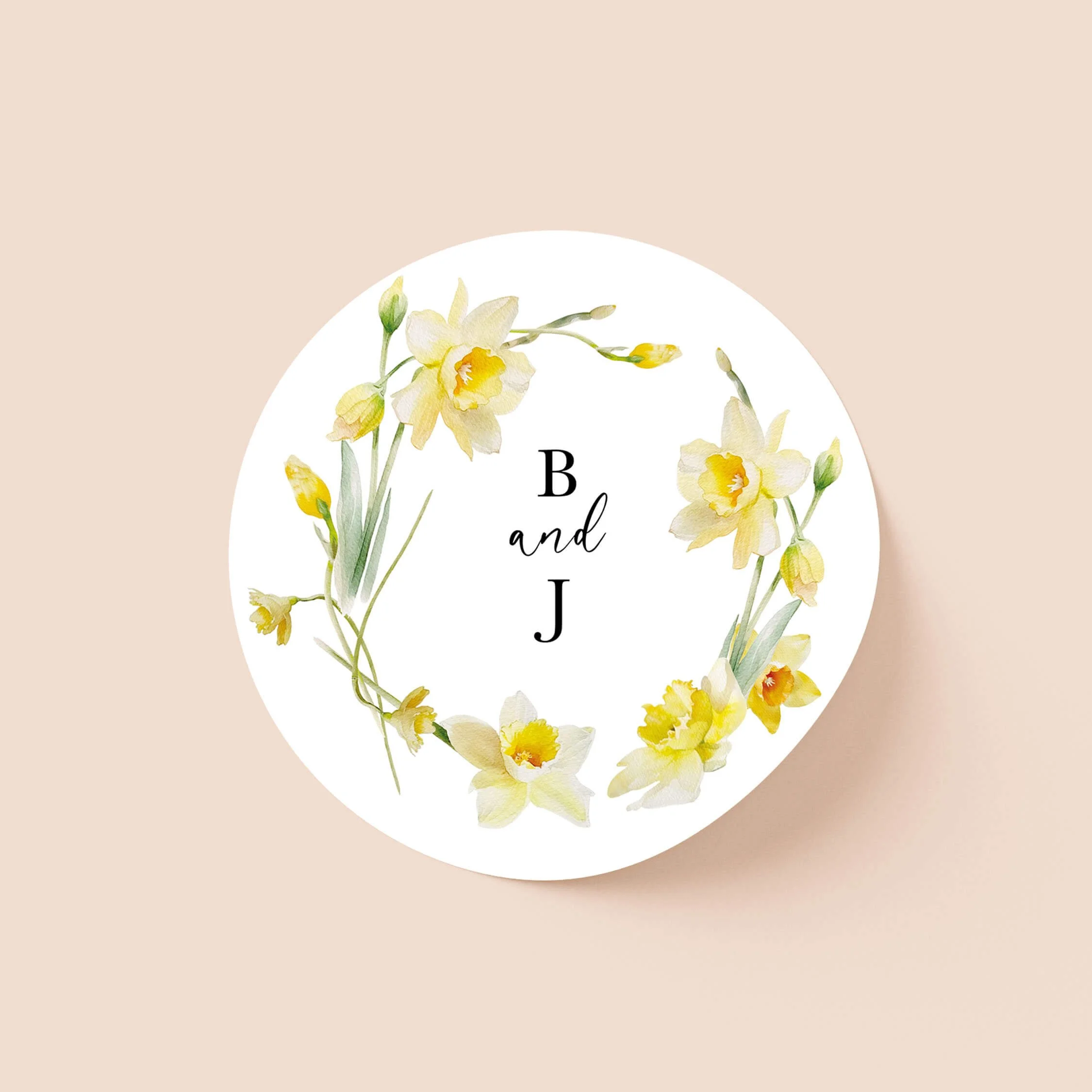 Daffodil wedding sticker with yellow floral wreath and initials on round personalised seal