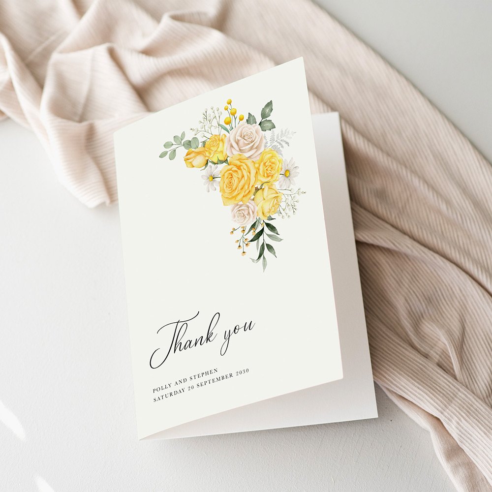 Yellow Rose Floral Thank You Cards For Wedding