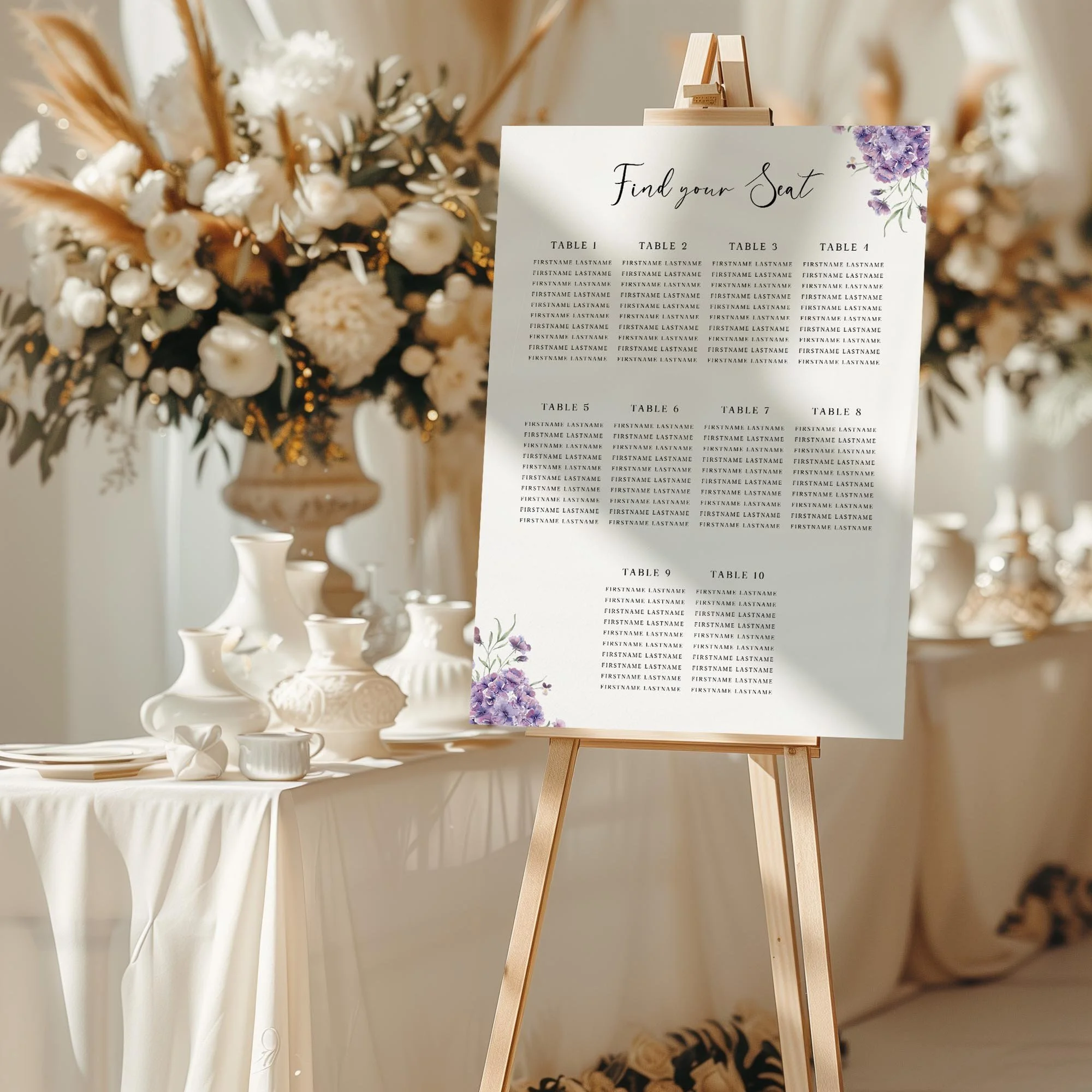 Purple Hydrangea wedding seating chart sign styled at a reception