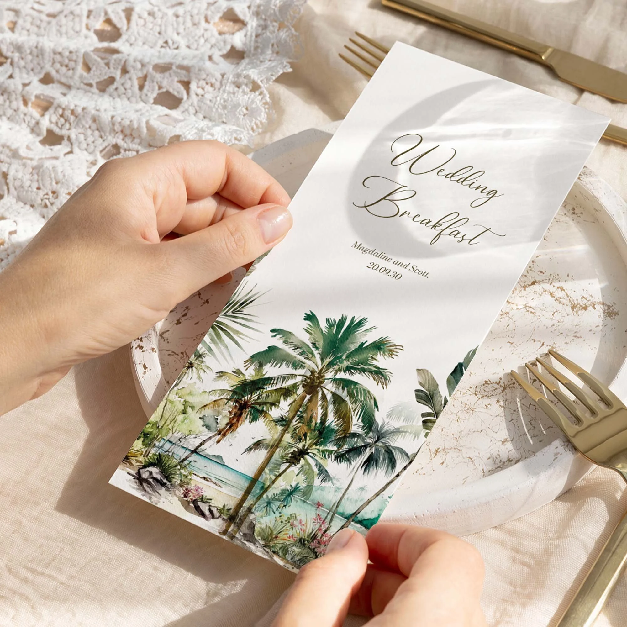 Hand holding Tropical Island wedding menu card showing size and printed design details