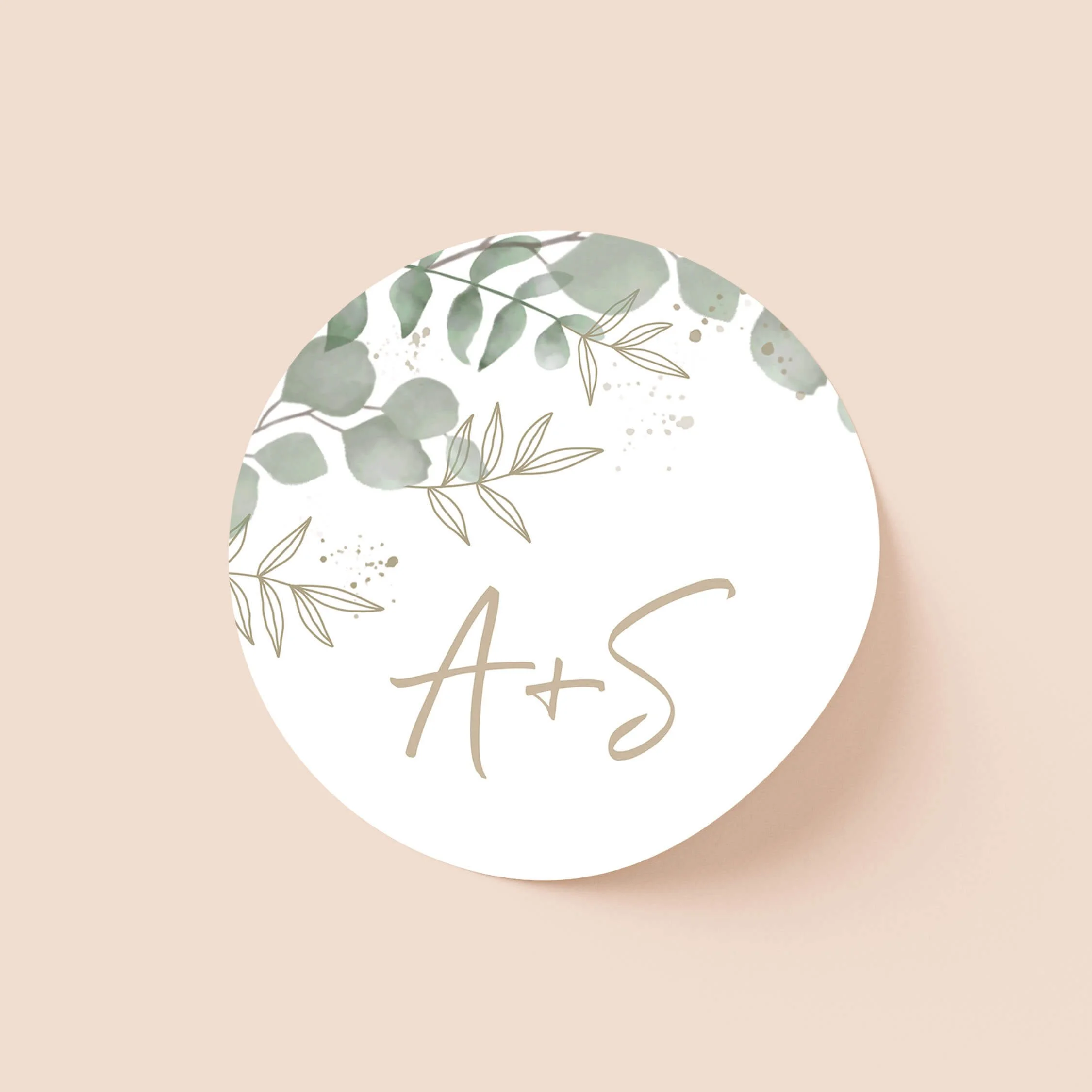 Eucalyptus wedding sticker with soft greenery and handwritten initials on round personalised seal