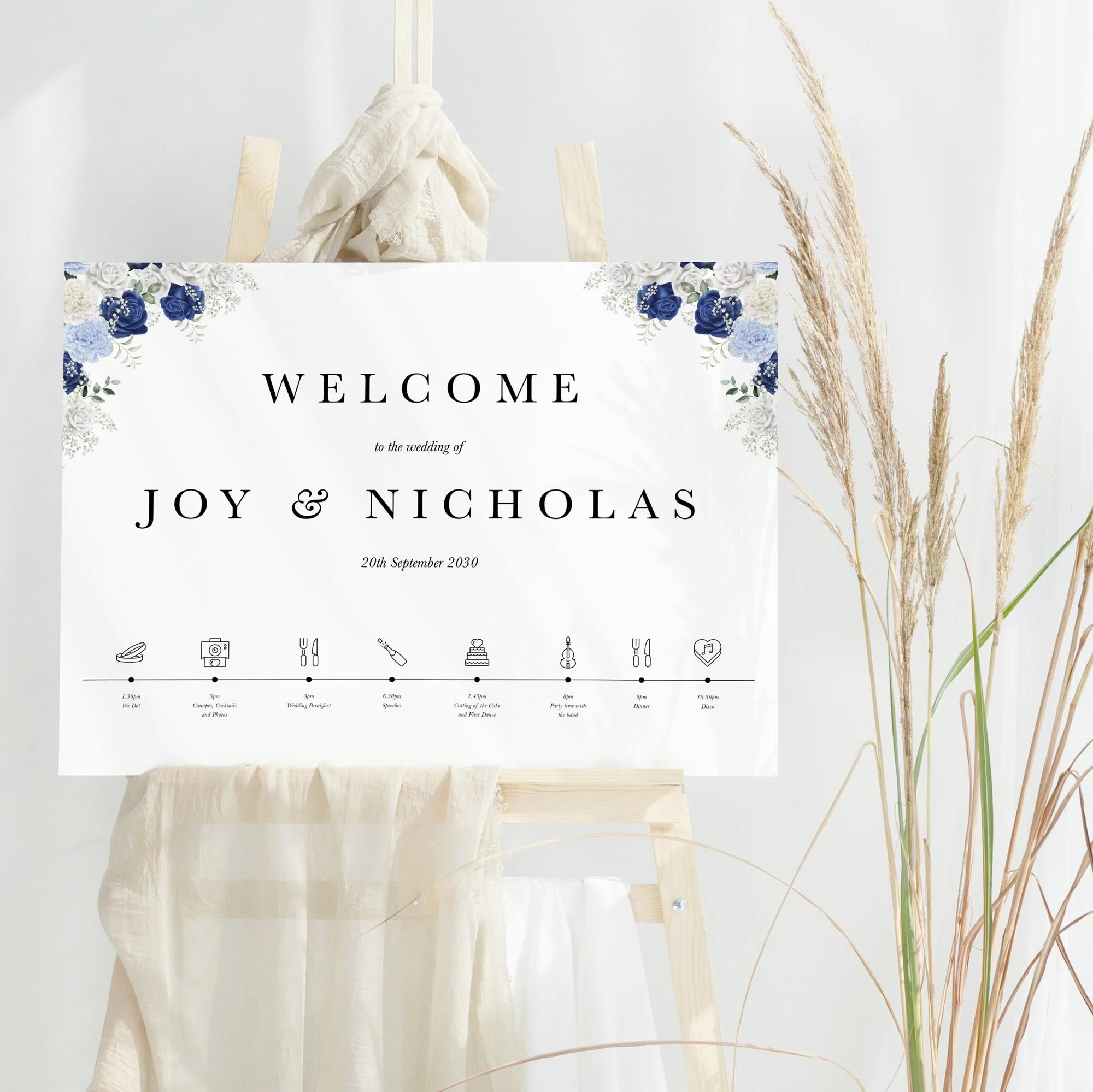 Blue and White Floral with Timeline wedding welcome sign design