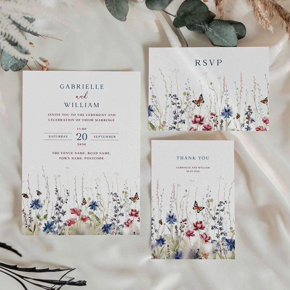 Field Collection Navy wedding stationery set including flat wedding invitation, RSVP card, and thank you card with red and navy floral accents