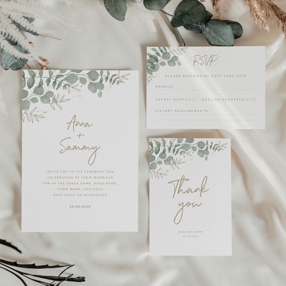 Eucalyptus themed wedding stationery with gold coloured calligraphy