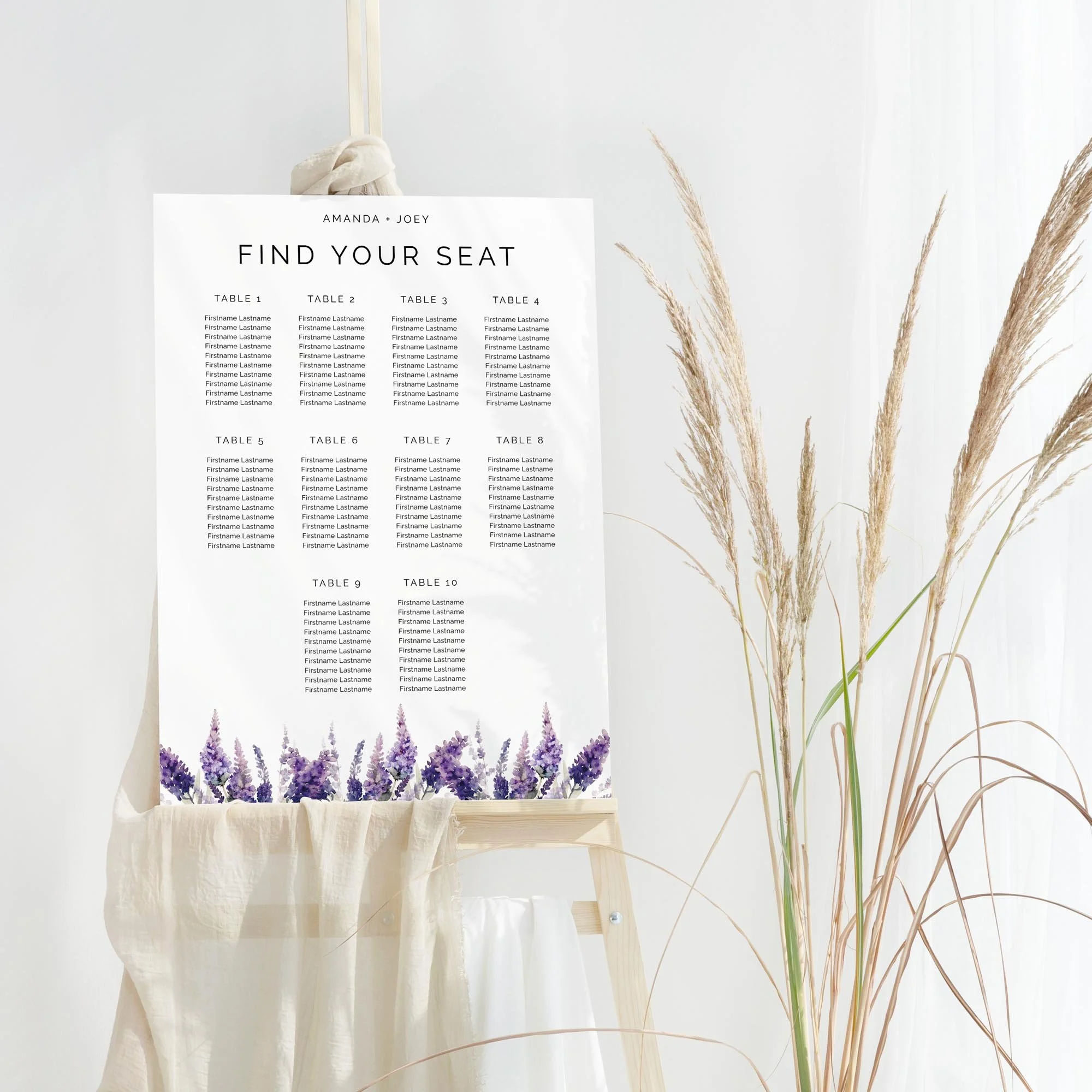 Lavender wedding table plan board seating chart sign