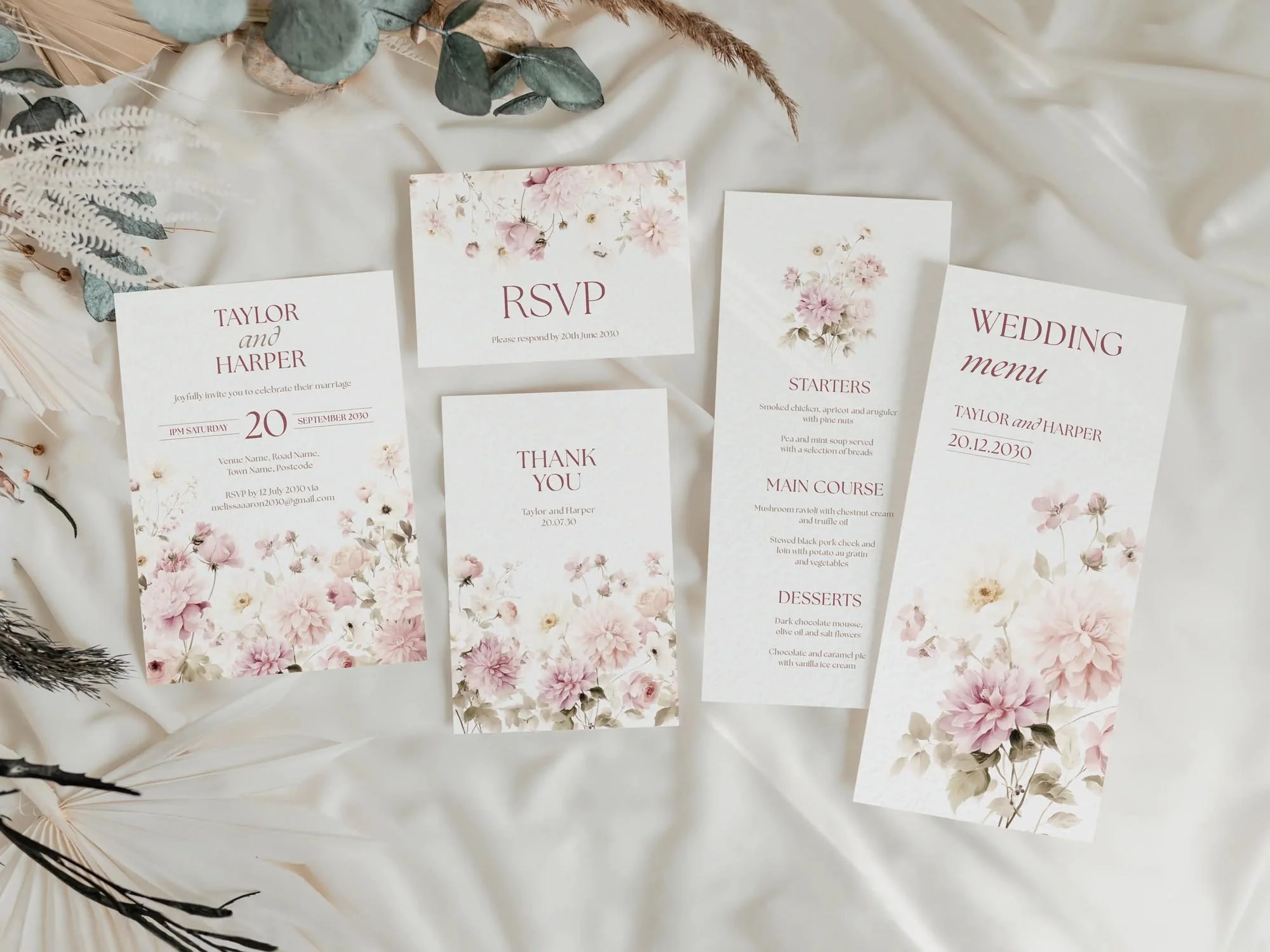 Blush pink floral wedding invitations set