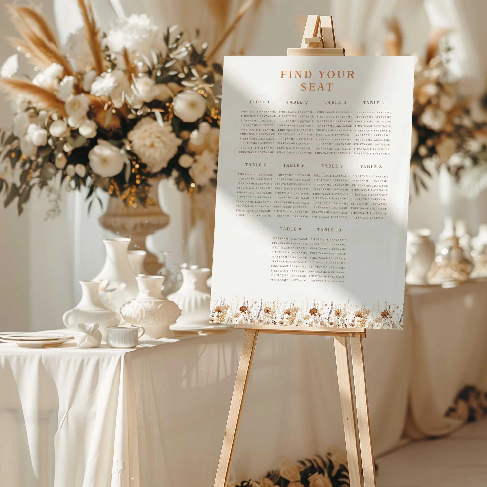 Brown Wildflower wedding seating chart sign styled at a reception