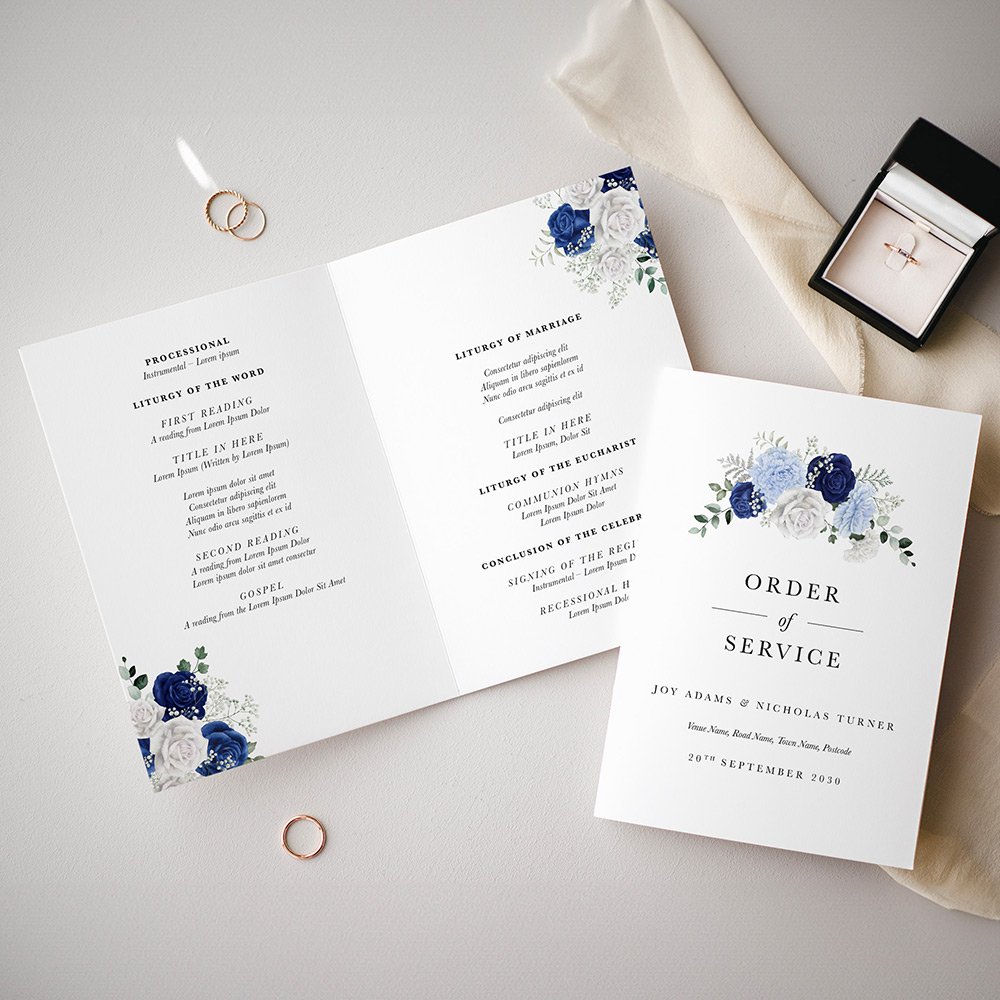 Blue and White Floral Printed Wedding Ceremony Booklet