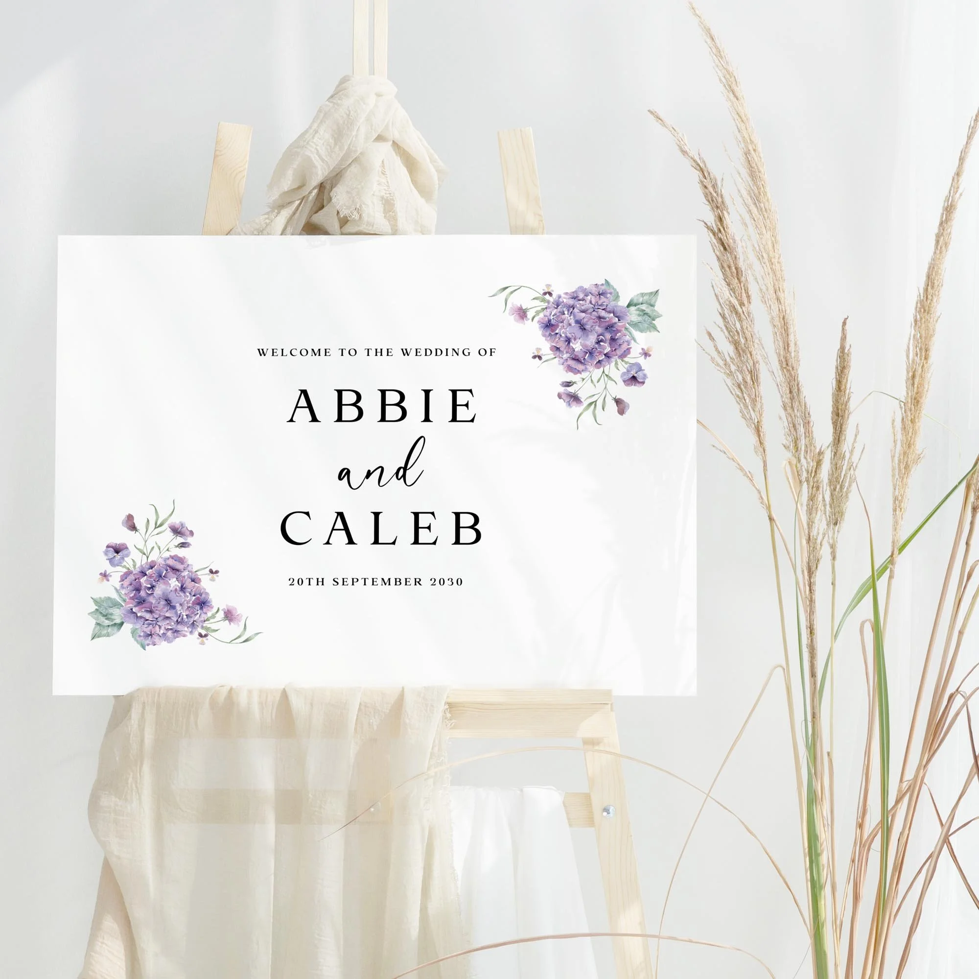 Purple Hydrangea wedding welcome sign design