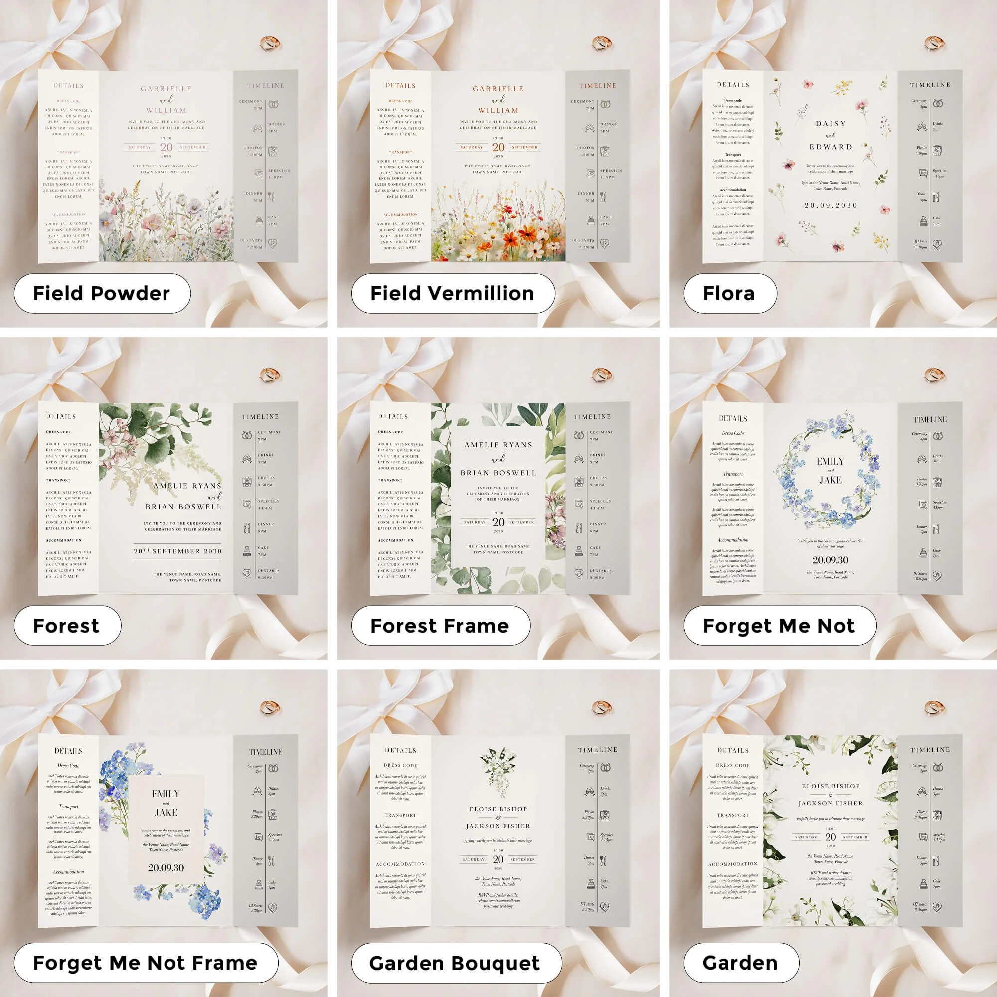 A5 size gatefold invitations in a variety of designs