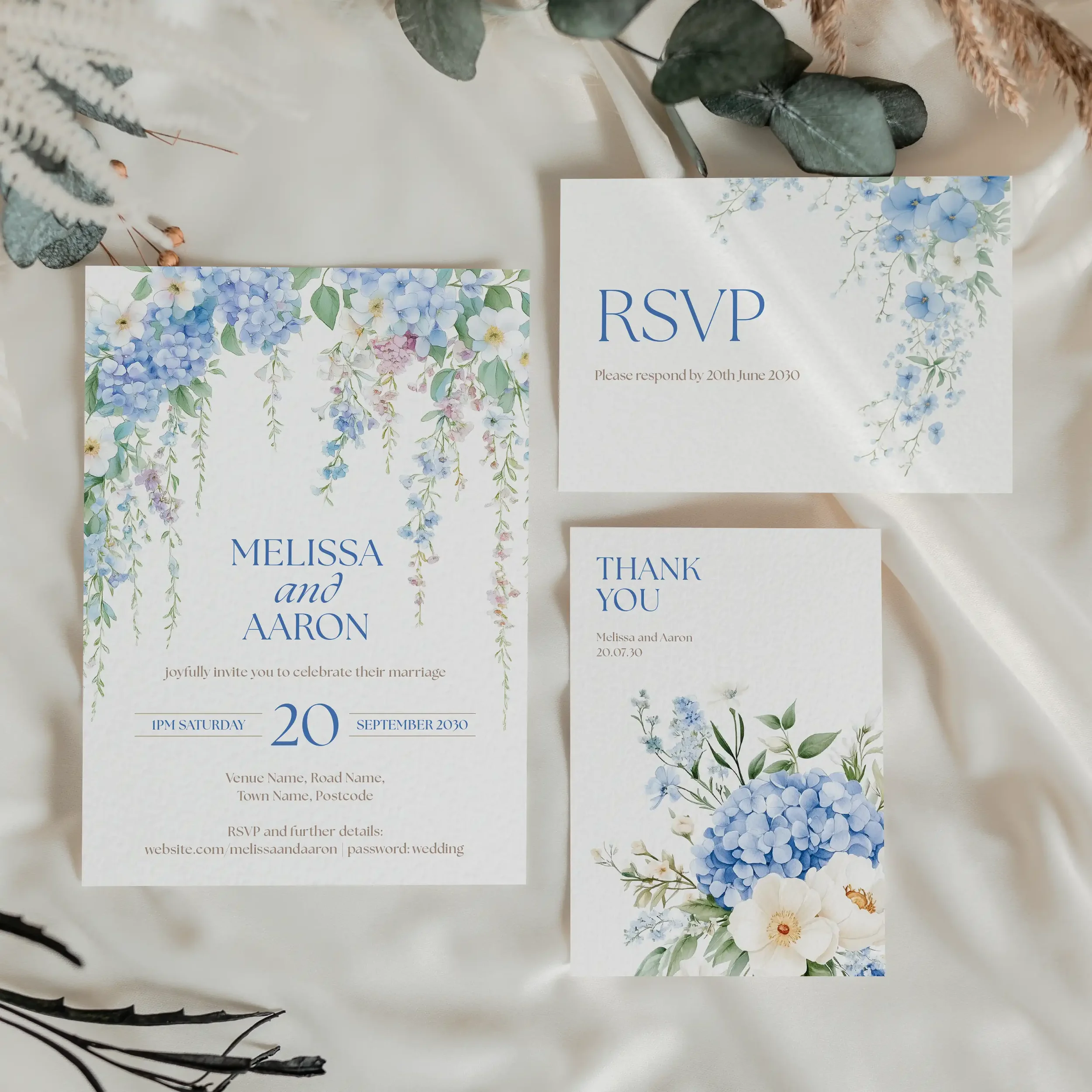 blue floral wisteria wedding invitations with matching RSVP cards
