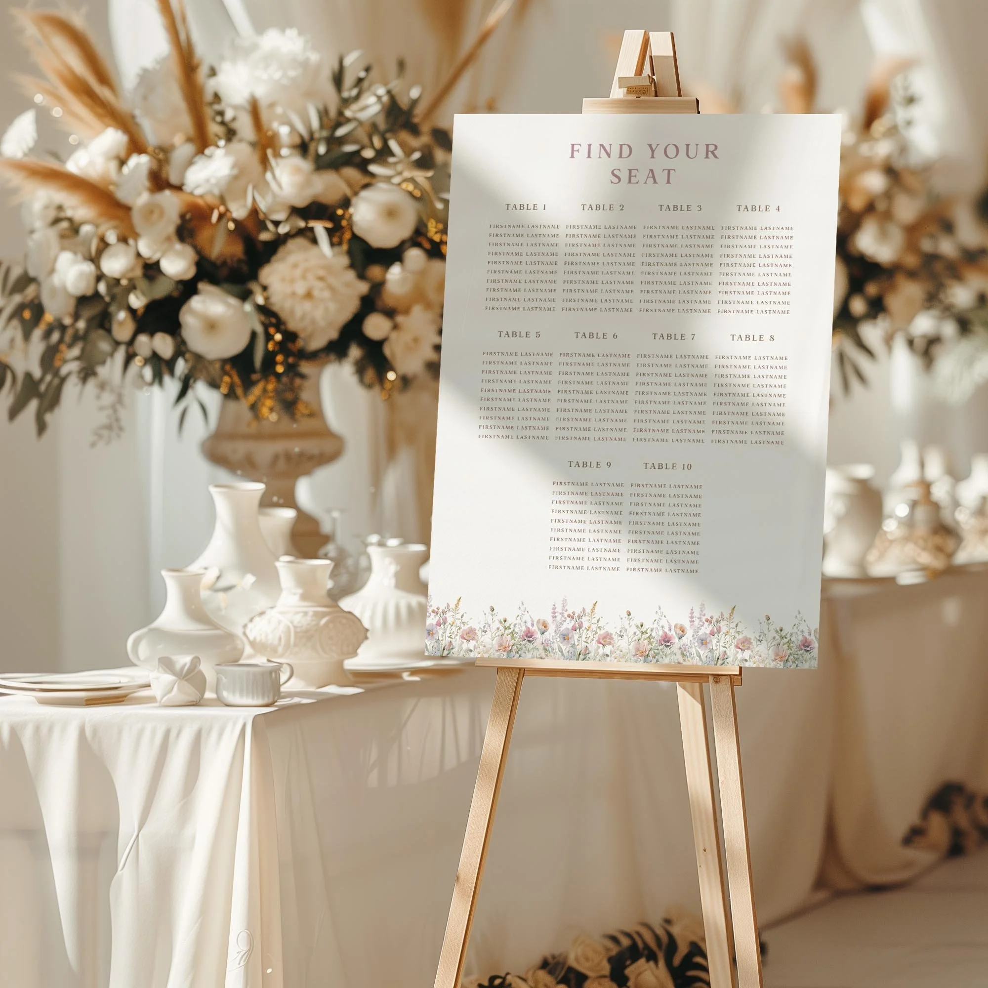 Dusty Pink Wildflower wedding seating chart sign styled at a reception