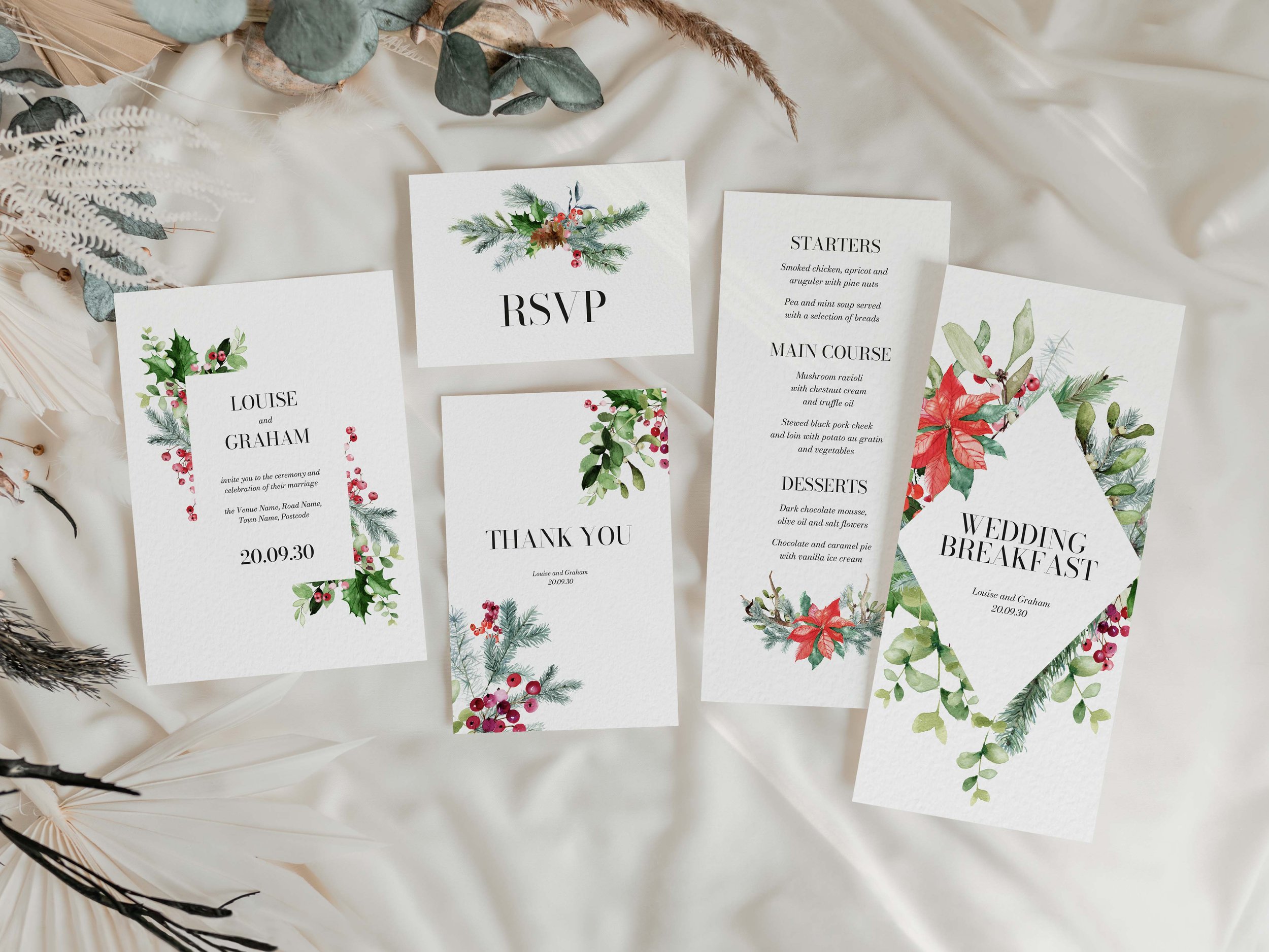 Winter Greenery Wreath Wedding Stationery