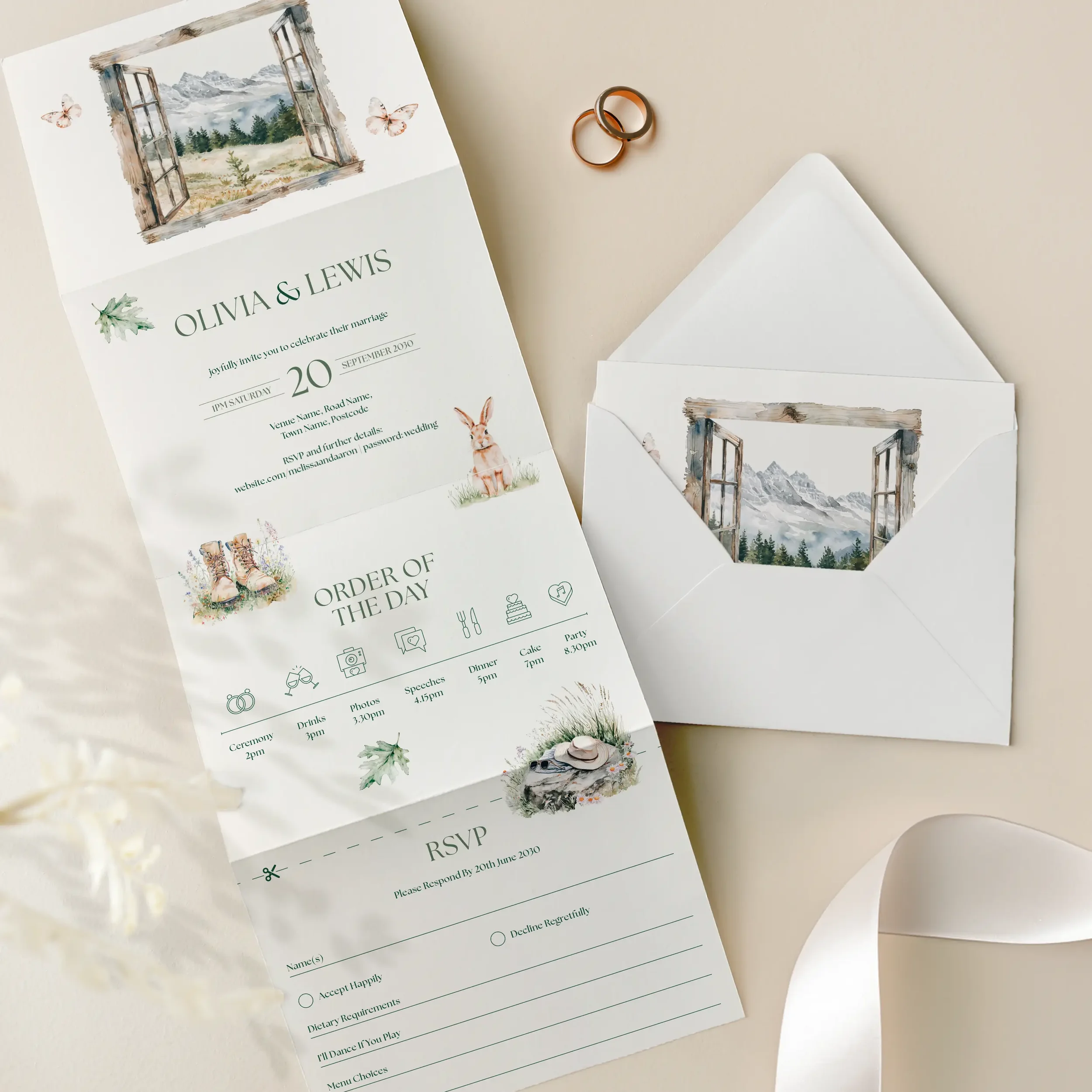 Open view of the Adventure Concertina Wedding Invitation showing window view of mountains, trees, and countryside details like leaves and rabbit.
