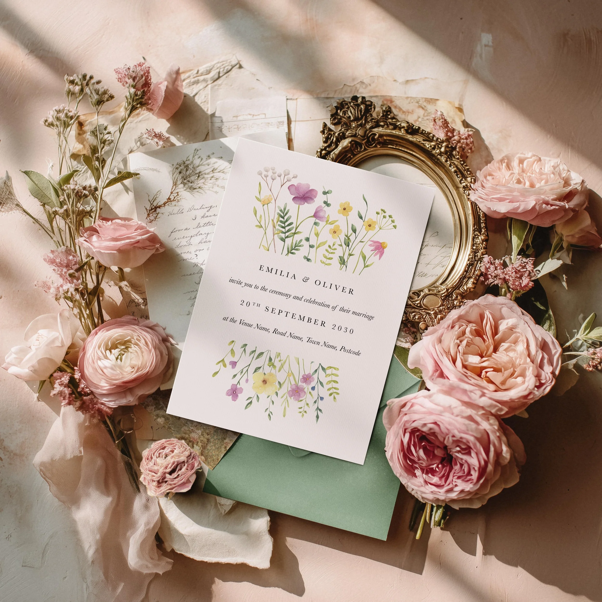 Floral wedding invitation with pastel wildflower design, styled with pink roses and vintage details