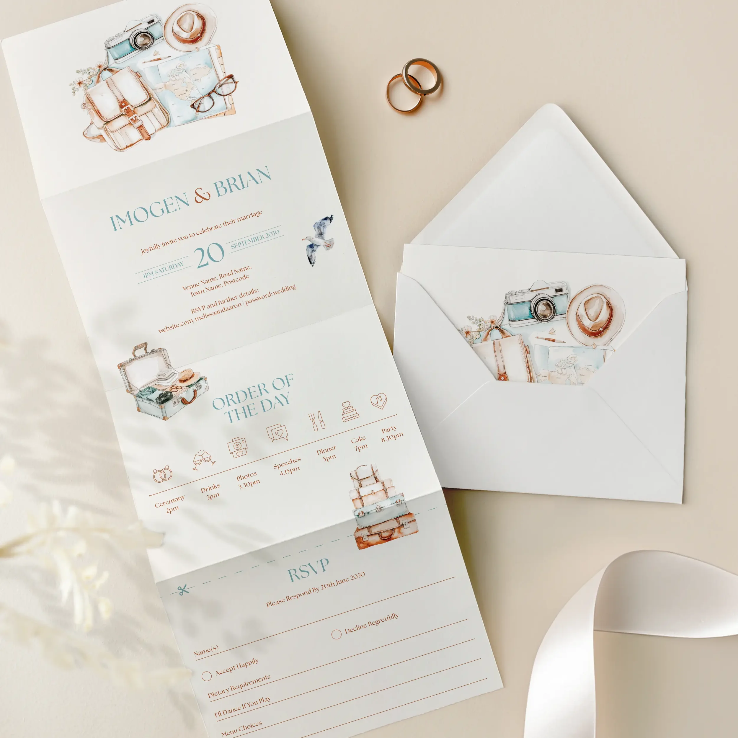Open view of the Explorer Concertina Wedding Invitation showing suitcase, camera, bag, and map design.