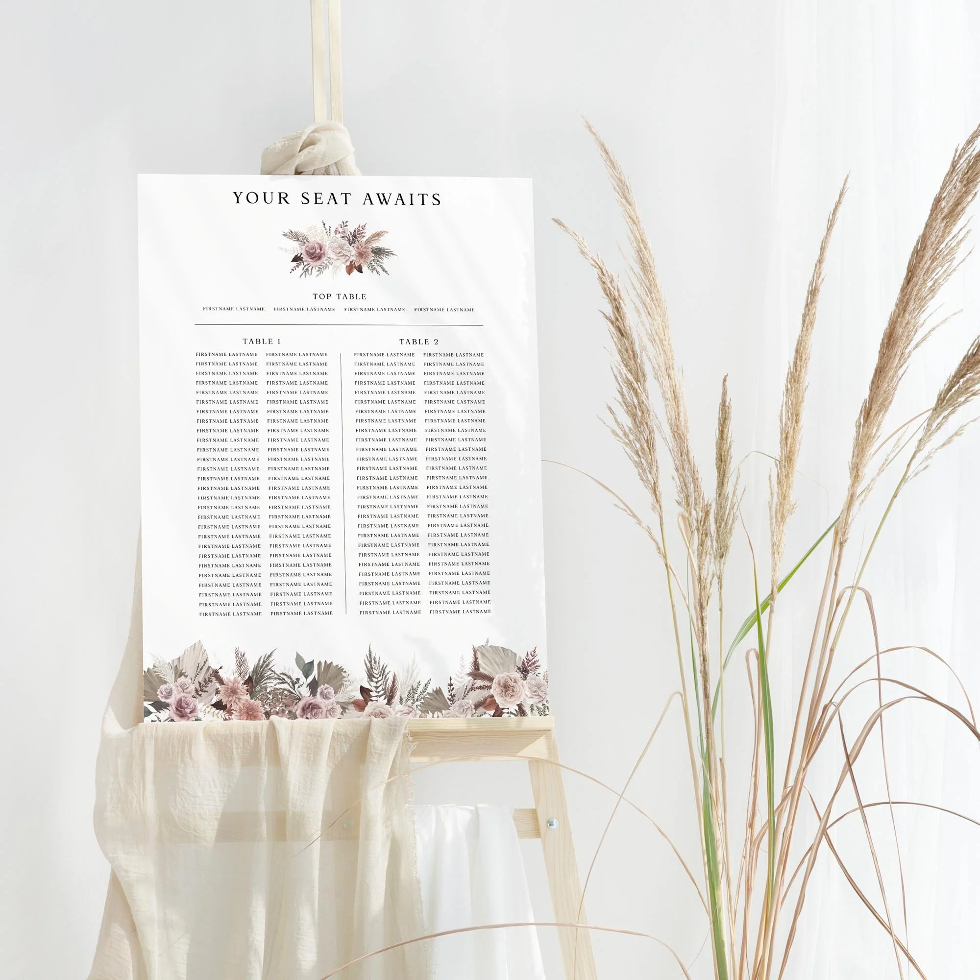 Pink Boho Trestle Table wedding table plan board seating chart sign