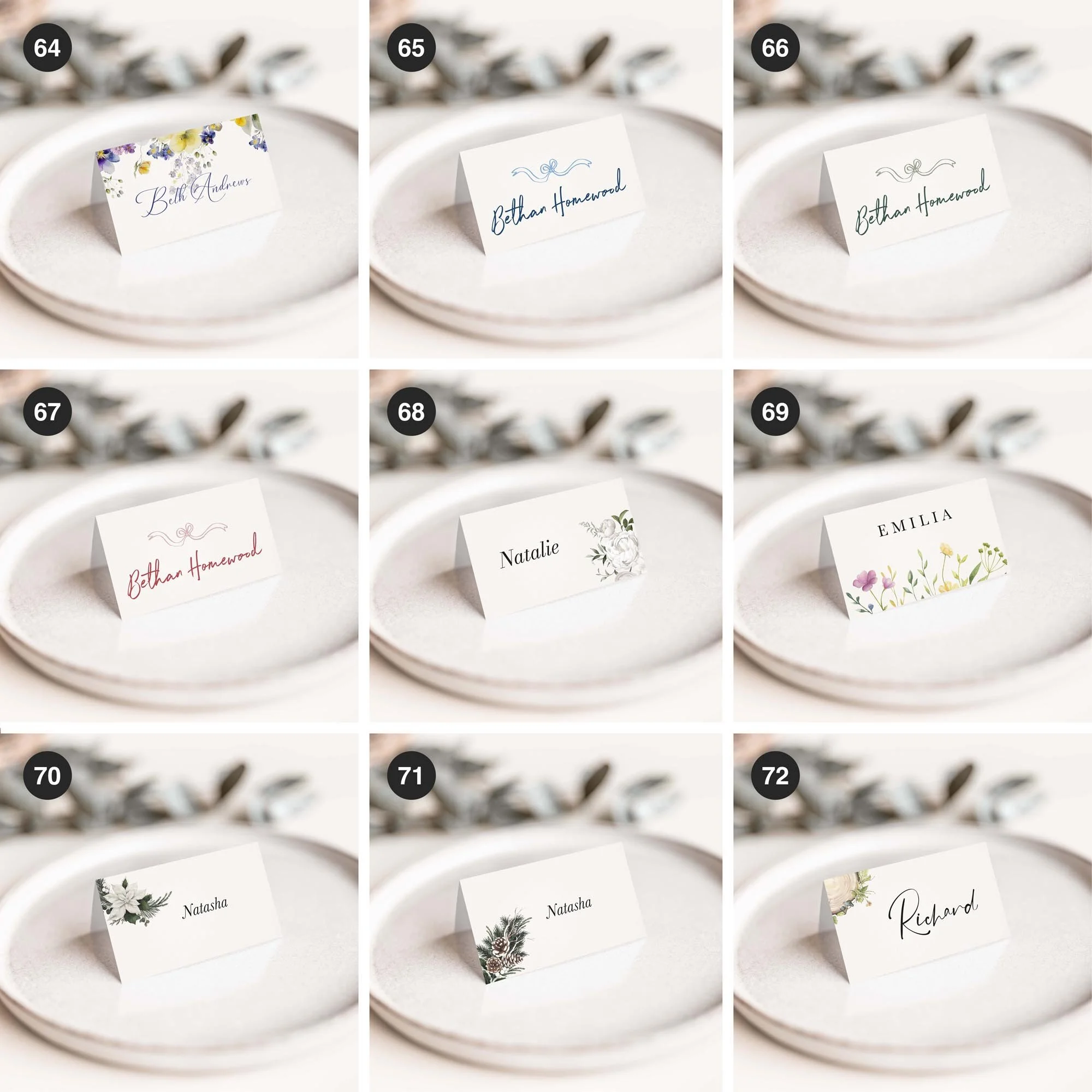 Selection of personalised wedding place card designs in various styles, including modern, floral, and minimalist, displayed on wedding tables
