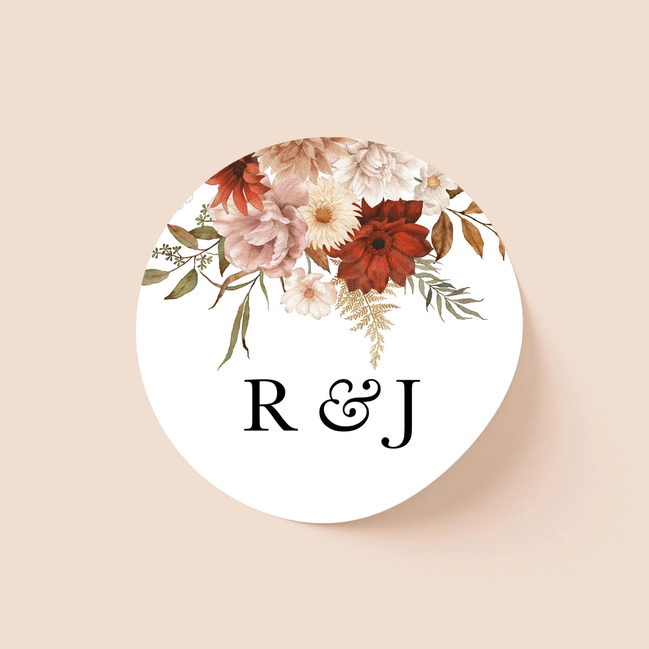 Rustic personalised wedding sticker with botanical foliage design and initials on round sticker