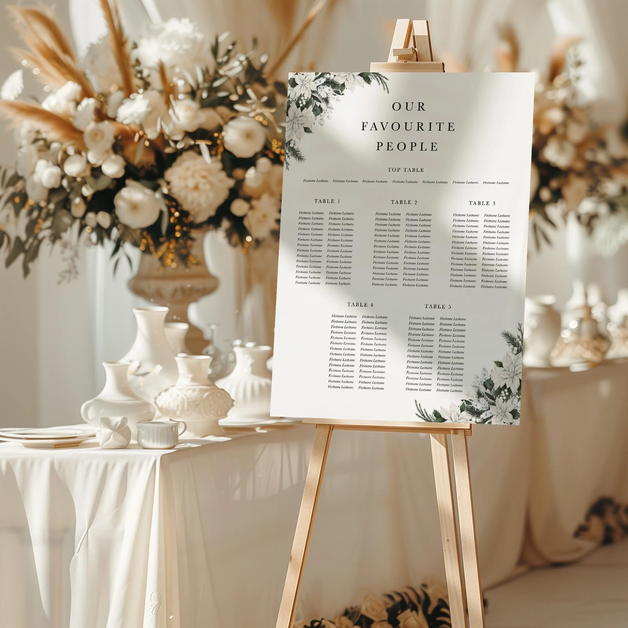 Winter Poinsettia wedding seating chart sign styled at a reception