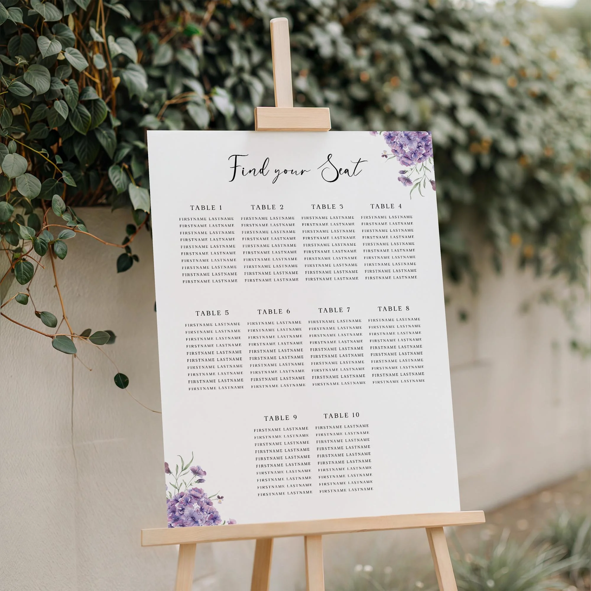 Close-up of the Purple Hydrangea wedding seating plan board displayed outdoors