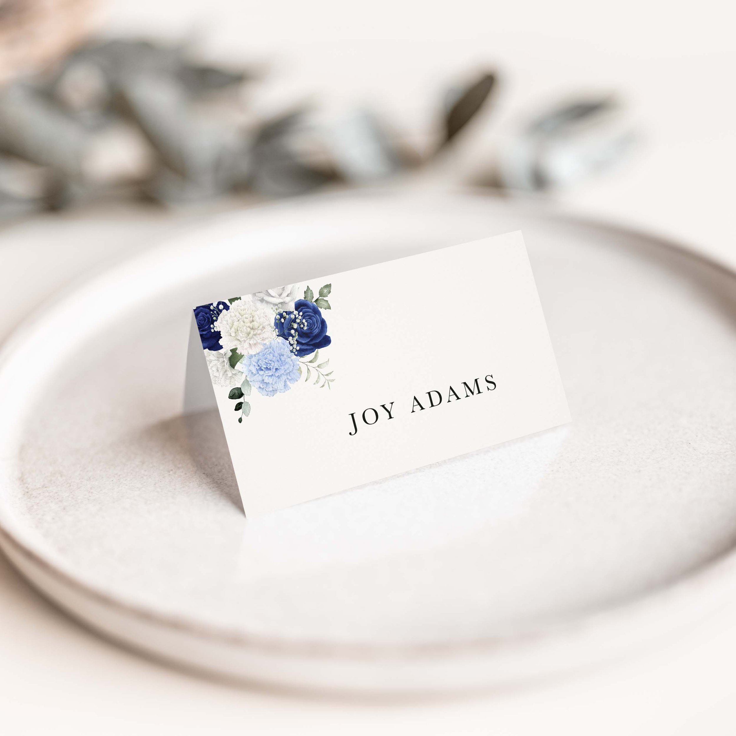 Royal Blue and White Floral Wedding Place Card