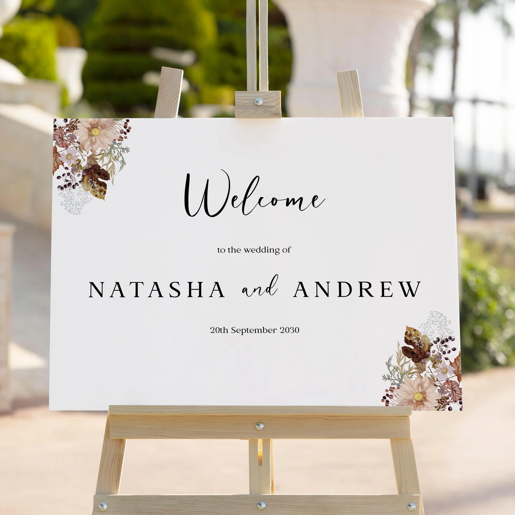 Autumn Leaves wedding welcome sign styled outdoors close-up