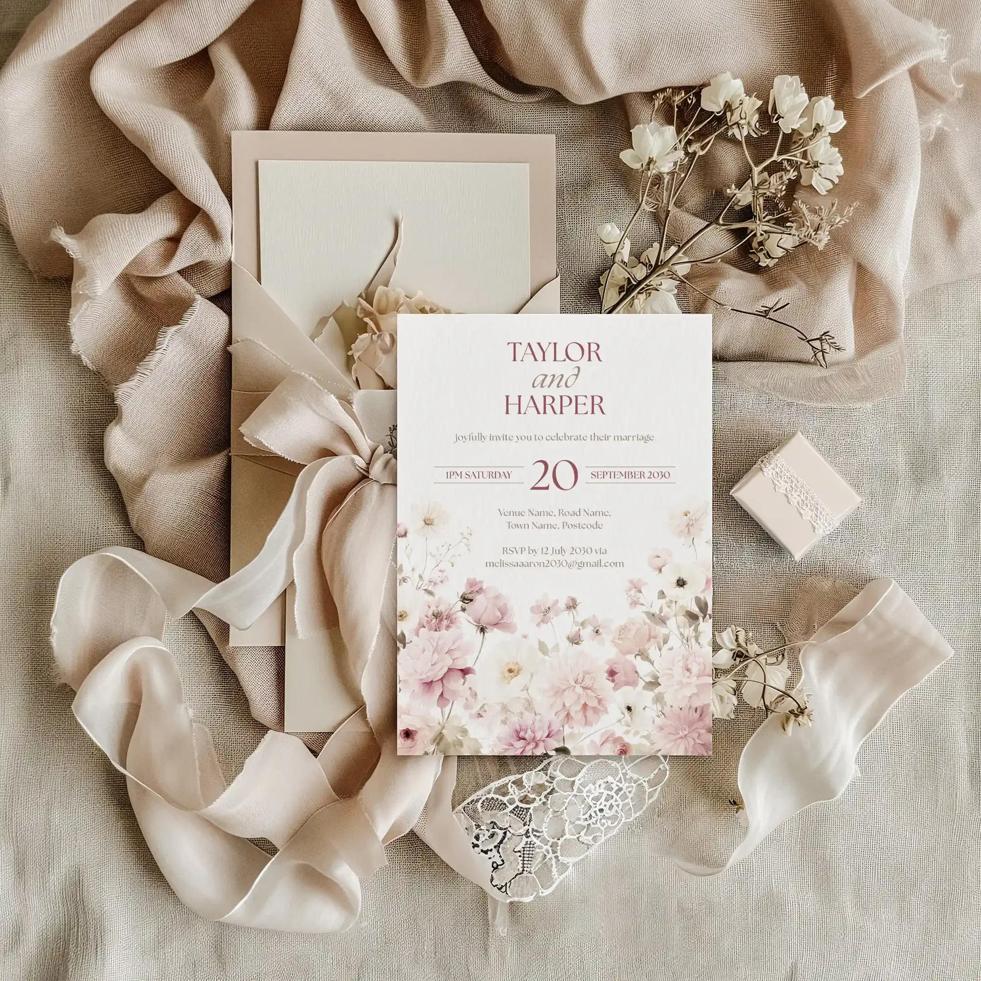 Styled flatlay of the Petal Wedding Invitation featuring modern blush pink wedding details.