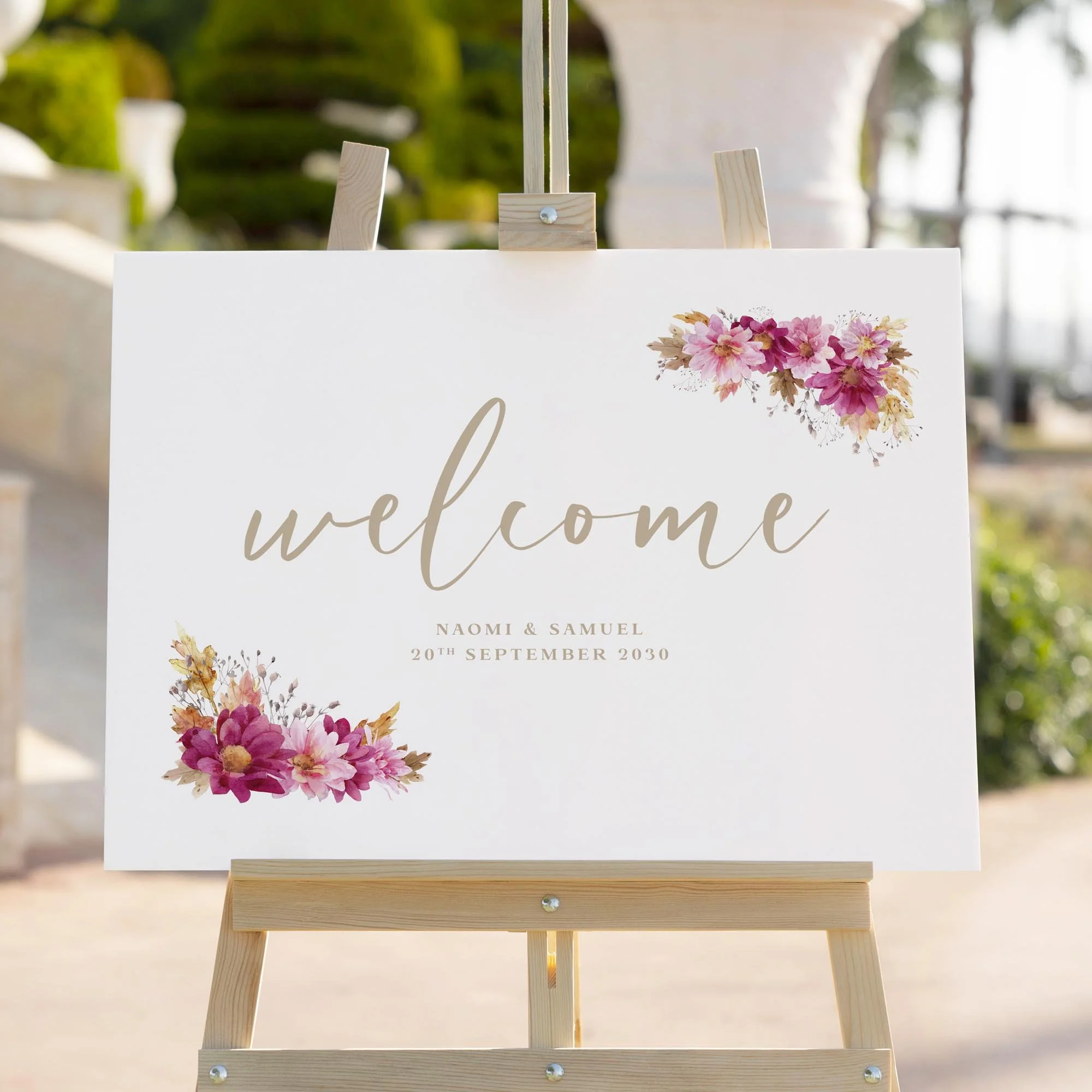 Dark Pink Chrysanthemum wedding welcome sign styled outdoors close-up