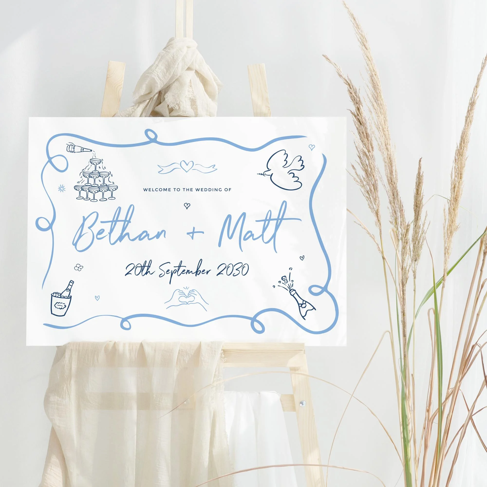 Blue Hand Drawn Style wedding welcome sign design