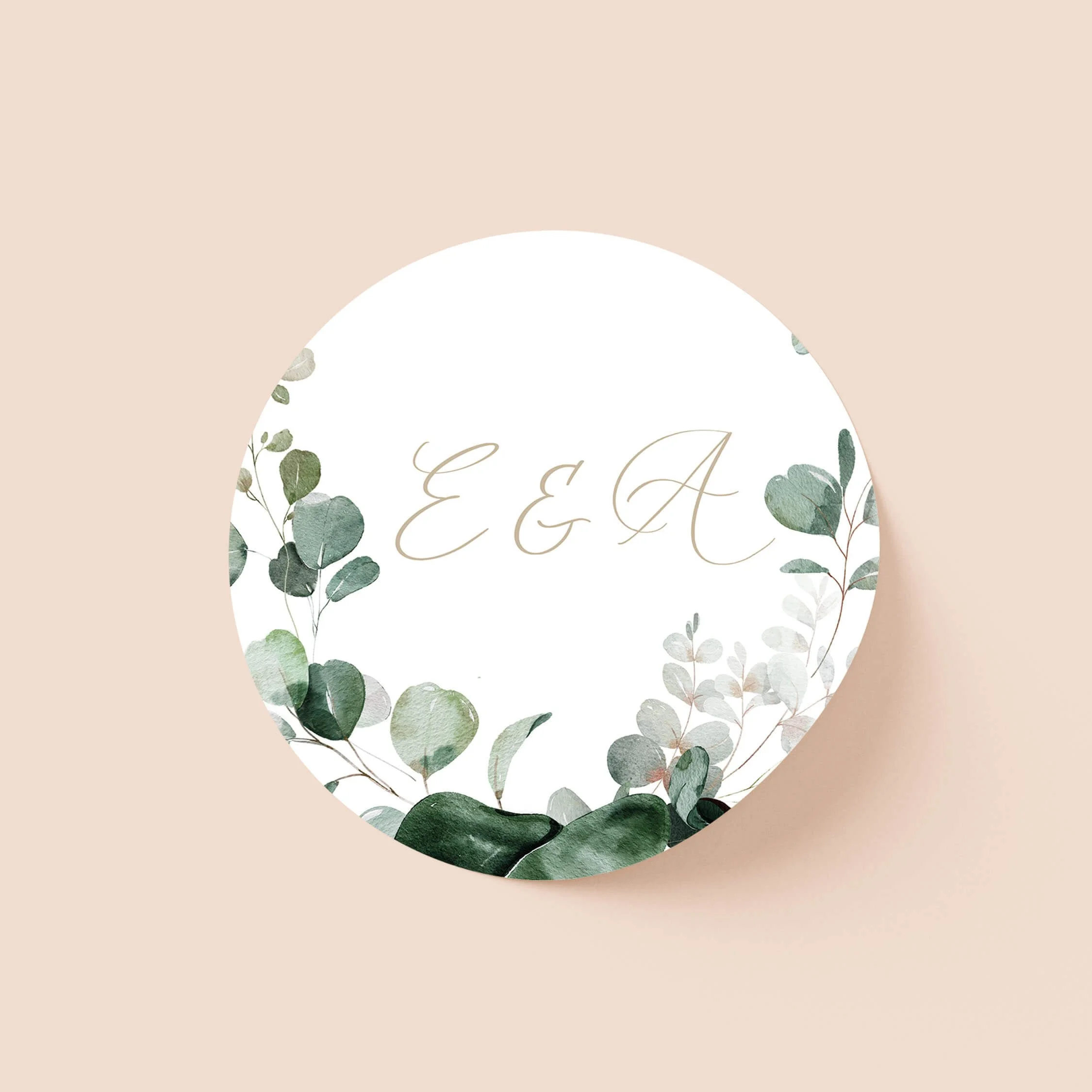 Emerald Forest wedding sticker with eucalyptus greenery and script initials on round personalised seal