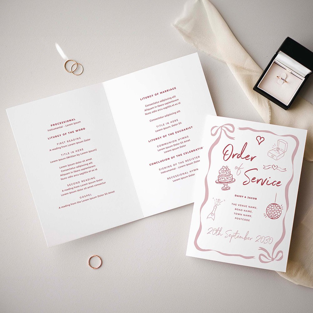 Pink Doodle Printed Wedding Order of Service
