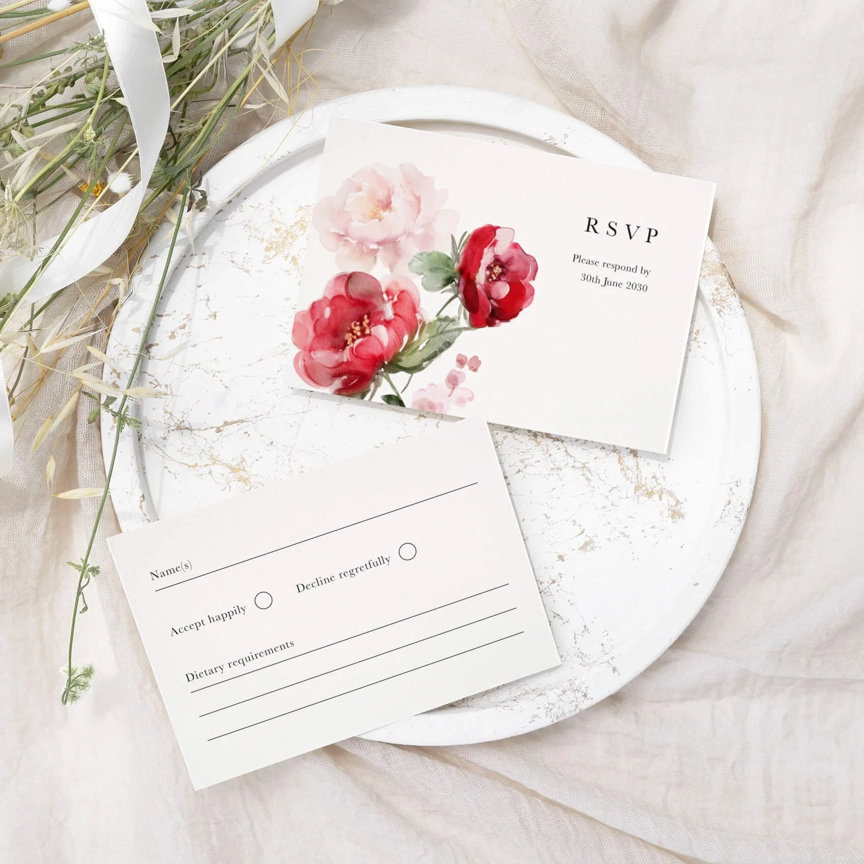 Red Floral wedding RSVP card with bold red and pink watercolour peony illustration on luxury off-white card